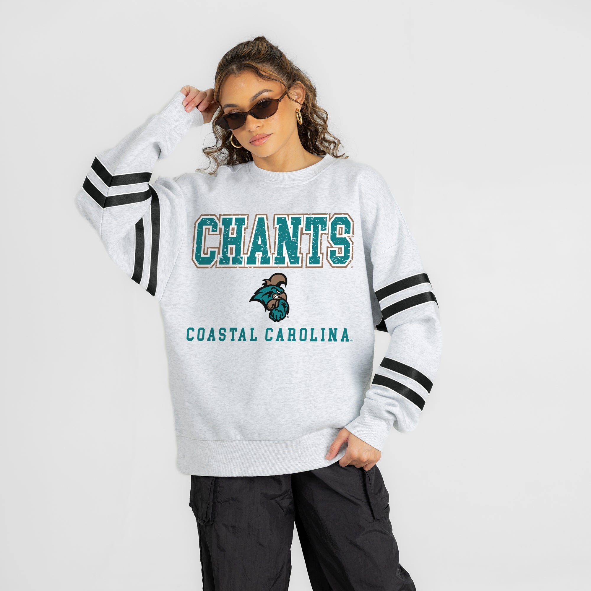 COASTAL CAROLINA CHANTICLEERS STADIUM STRIPES STRIPE SLEEVE CREWNECK SWEATSHIRT