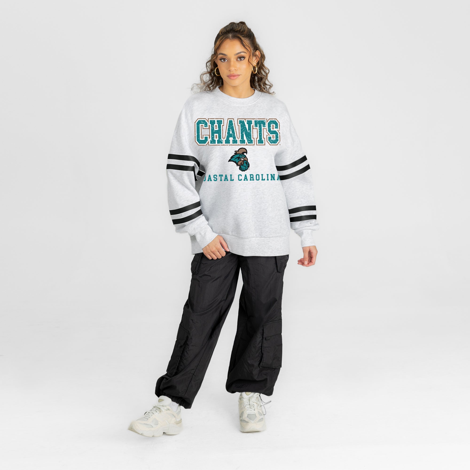 COASTAL CAROLINA CHANTICLEERS STADIUM STRIPES STRIPE SLEEVE CREWNECK SWEATSHIRT