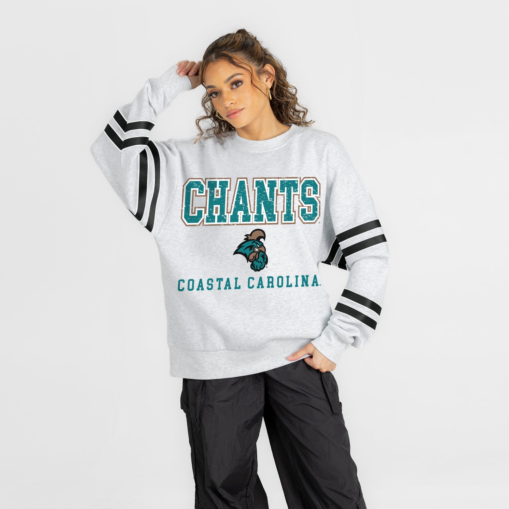 COASTAL CAROLINA CHANTICLEERS STADIUM STRIPES STRIPE SLEEVE CREWNECK SWEATSHIRT