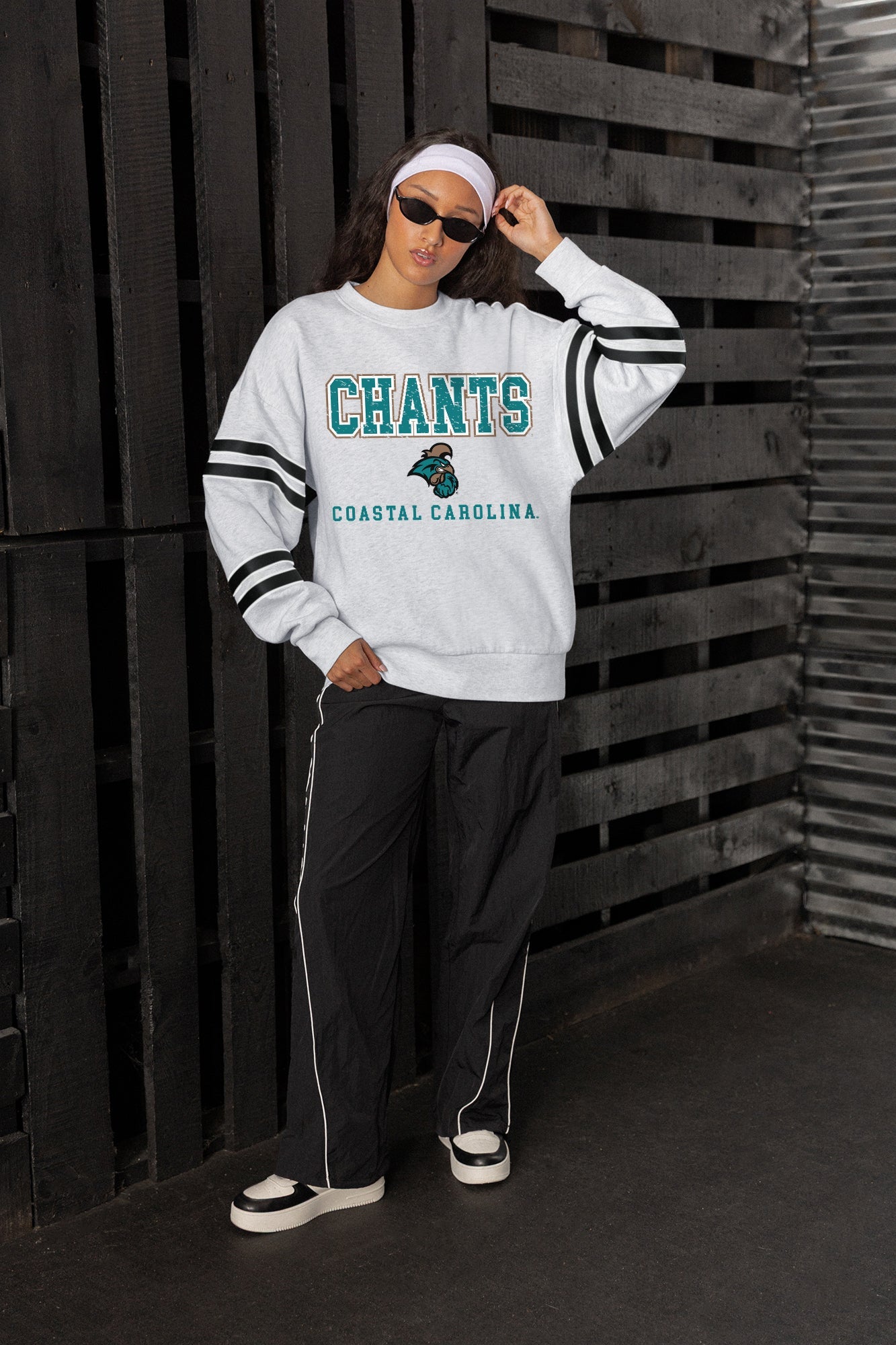 COASTAL CAROLINA CHANTICLEERS STADIUM STRIPES STRIPE SLEEVE CREWNECK SWEATSHIRT