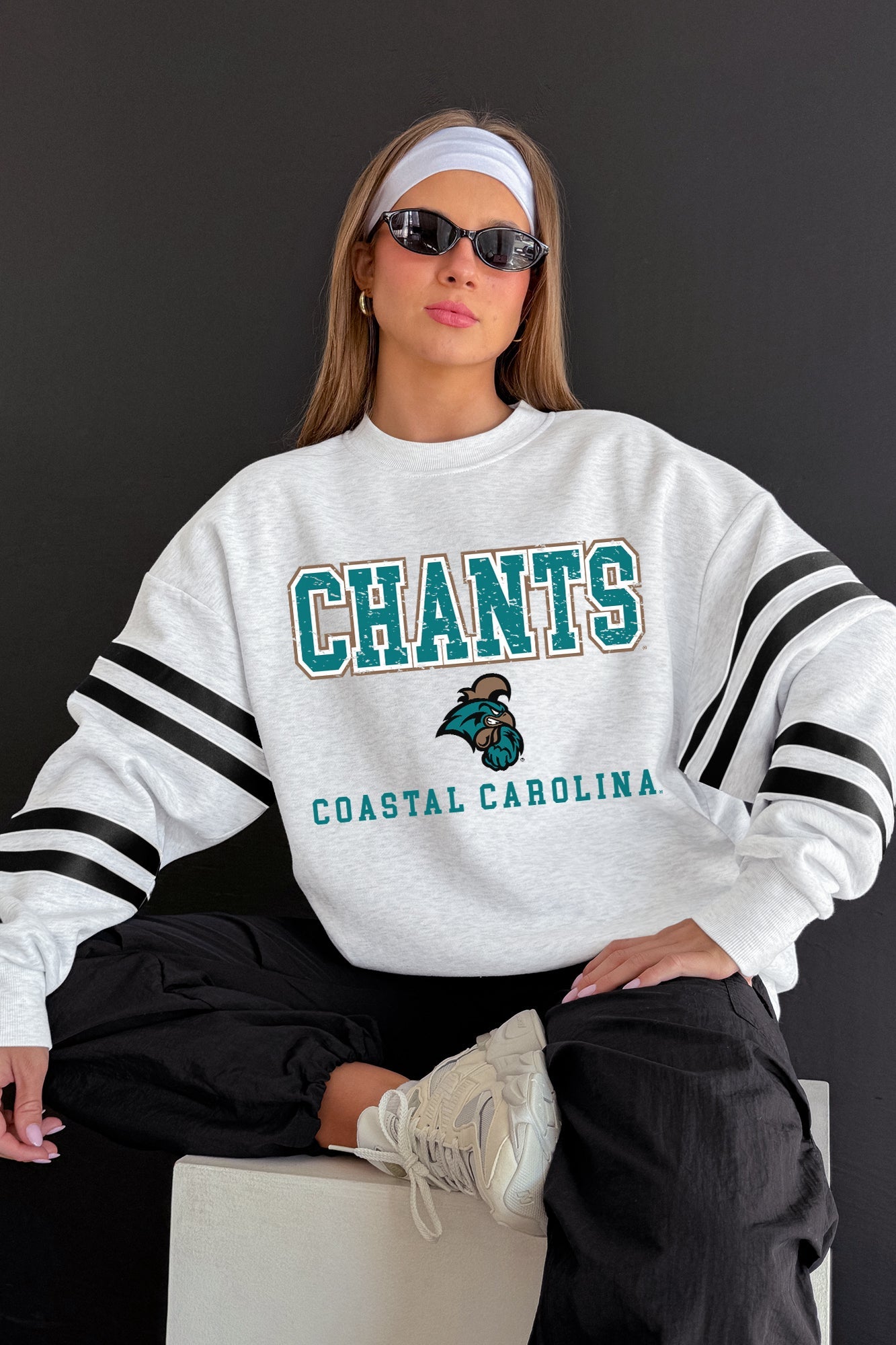 COASTAL CAROLINA CHANTICLEERS STADIUM STRIPES STRIPE SLEEVE CREWNECK SWEATSHIRT