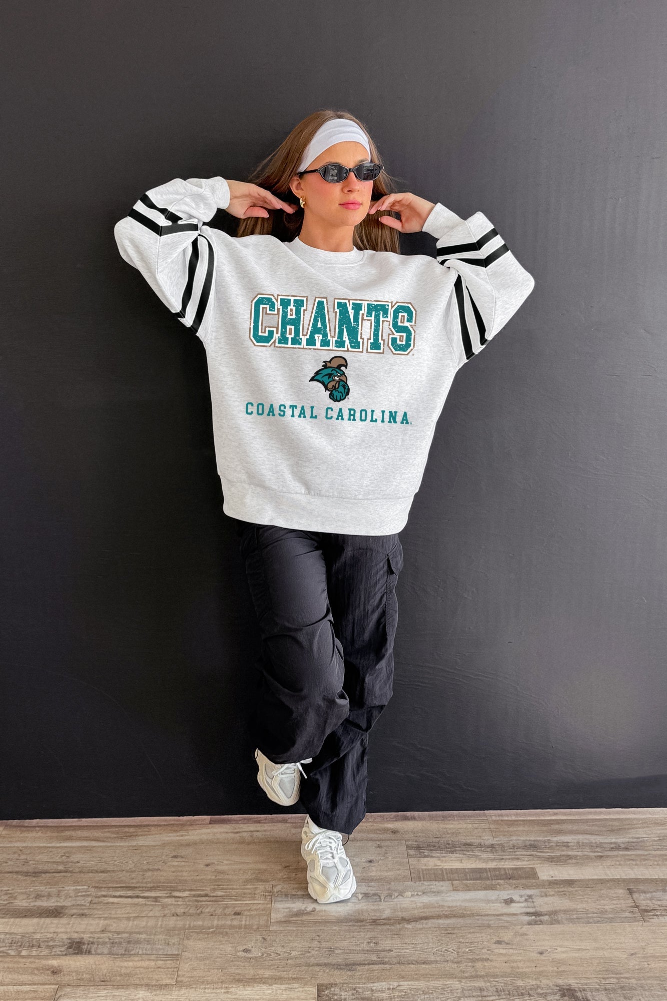 COASTAL CAROLINA CHANTICLEERS STADIUM STRIPES STRIPE SLEEVE CREWNECK SWEATSHIRT