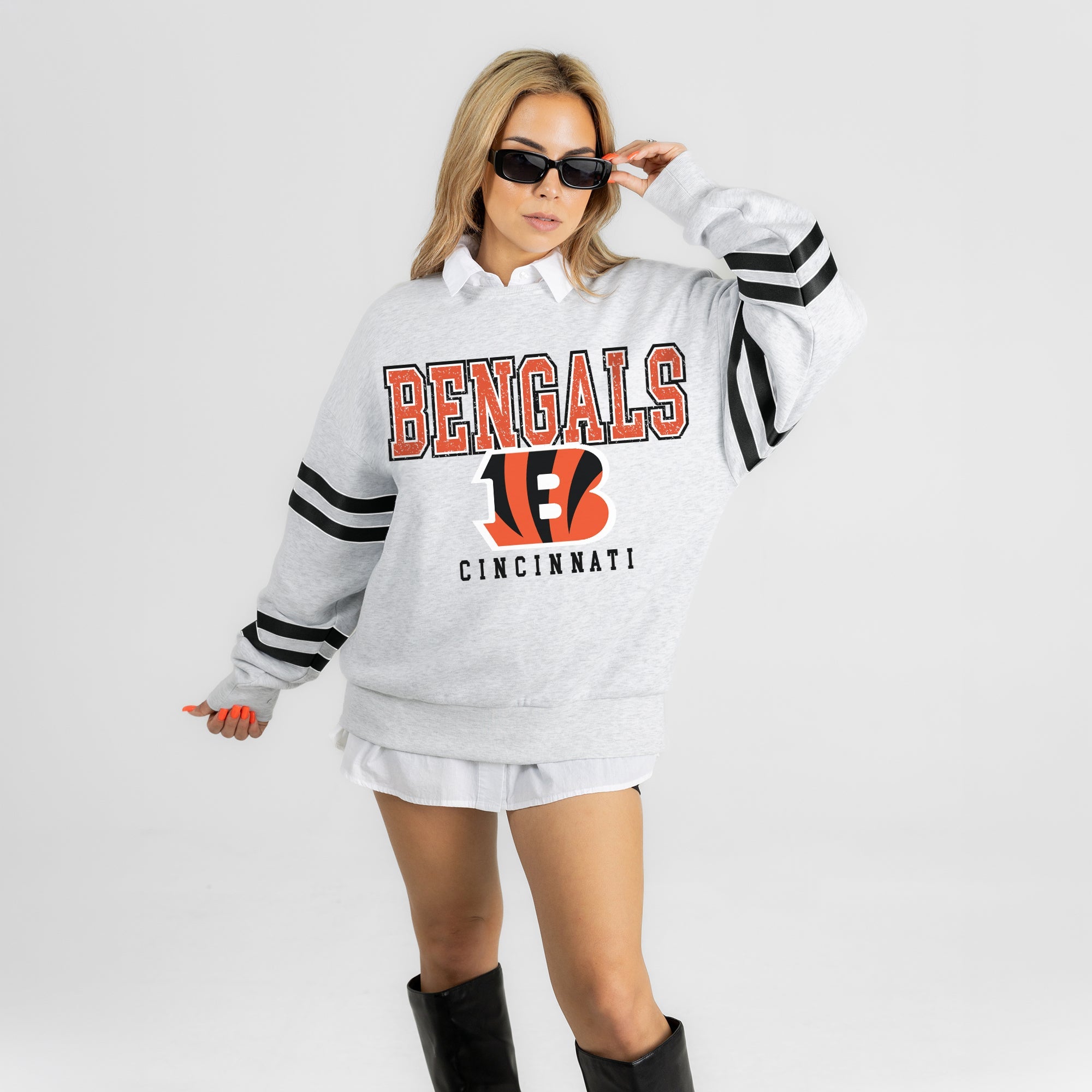 CINCINNATI BENGALS STADIUM STRIPES STRIPE SLEEVE CREWNECK SWEATSHIRT