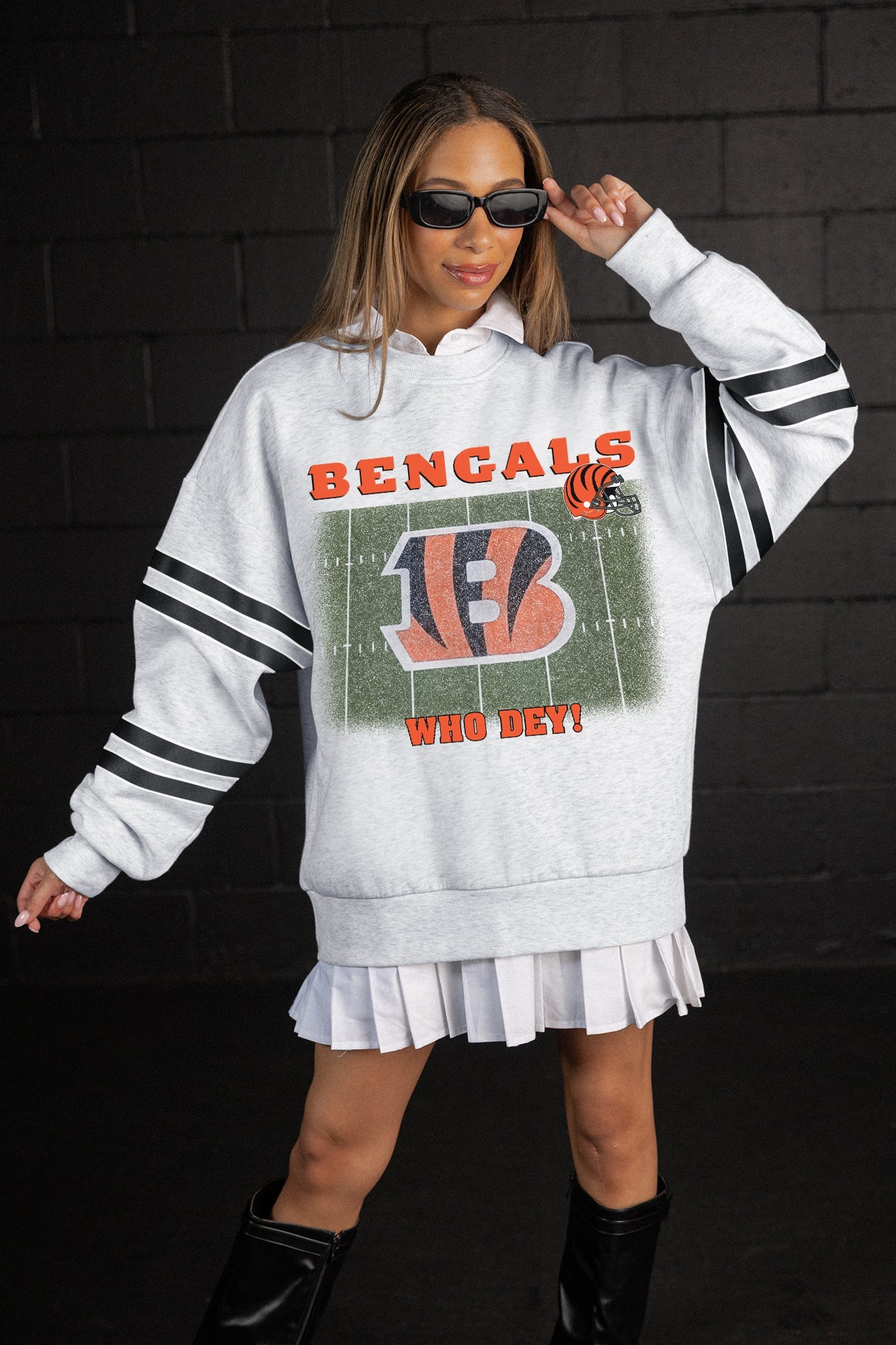 CINCINNATI BENGALS OFF THE GRID STRIPE SLEEVE CREWNECK SWEATSHIRT