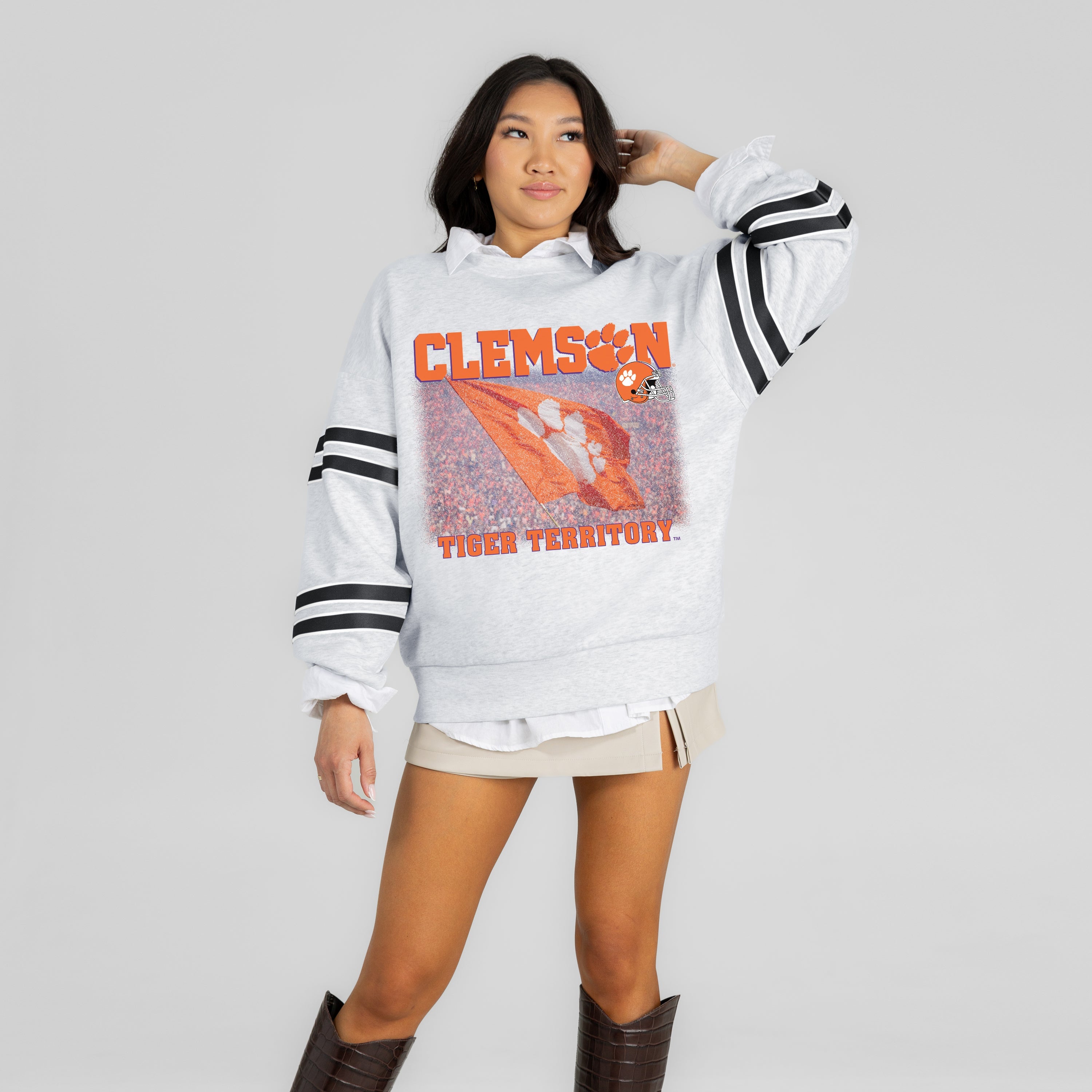 CLEMSON TIGERS OFF THE GRID STRIPE SLEEVE CREWNECK SWEATSHIRT