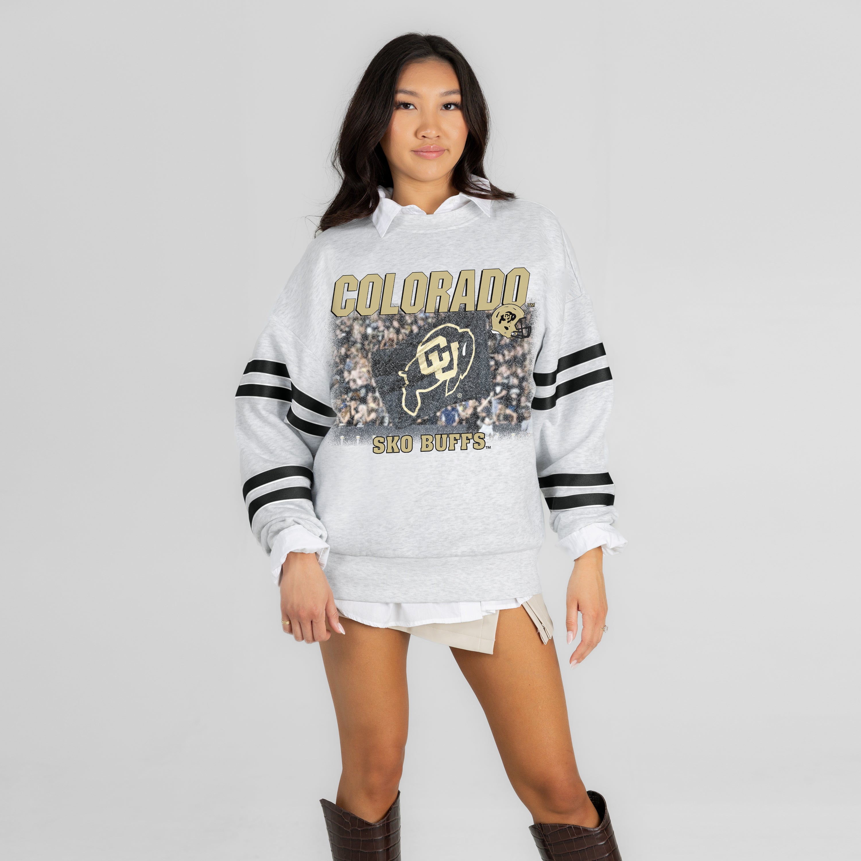 COLORADO BUFFALOES OFF THE GRID STRIPE SLEEVE CREWNECK SWEATSHIRT