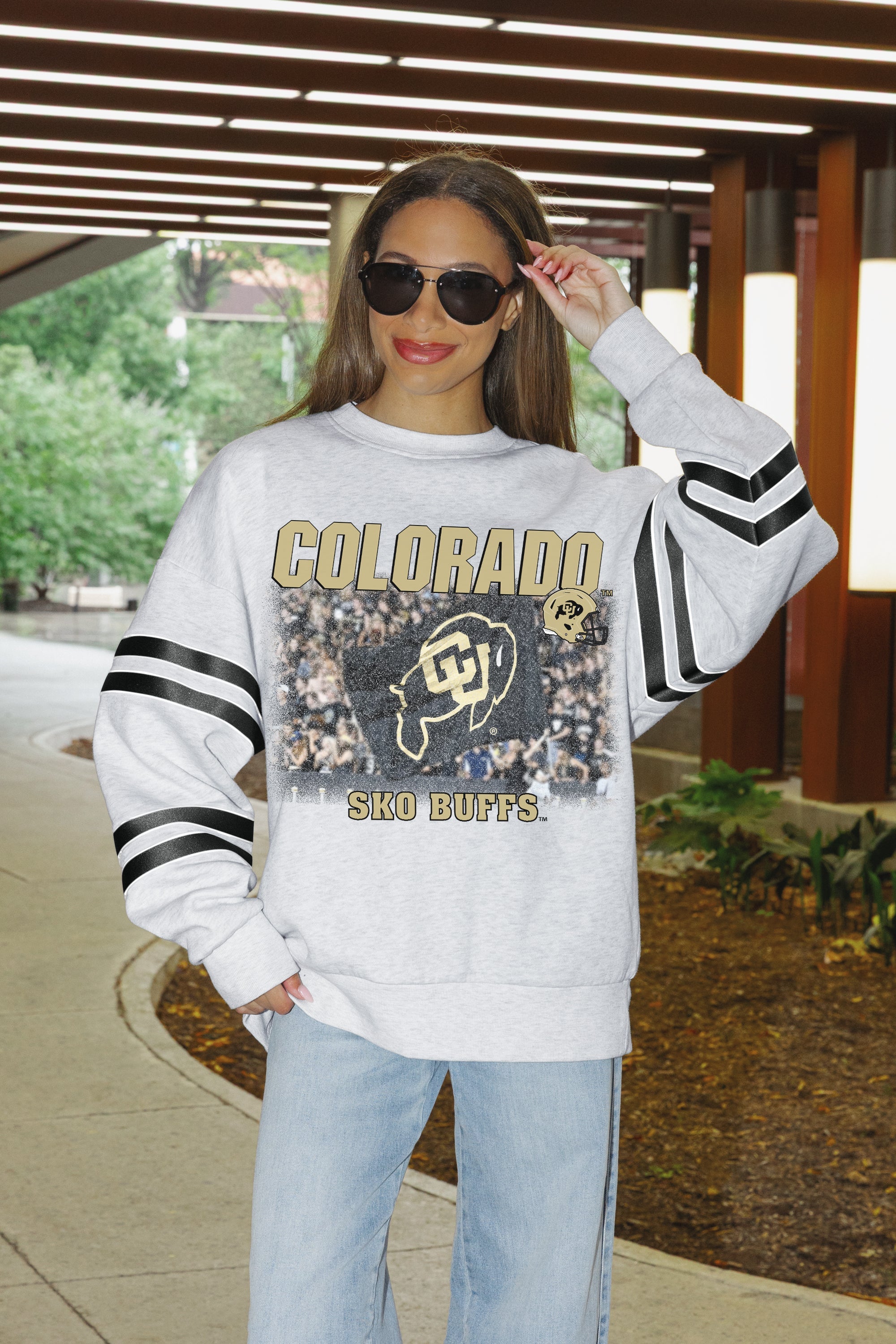 COLORADO BUFFALOES OFF THE GRID STRIPE SLEEVE CREWNECK SWEATSHIRT