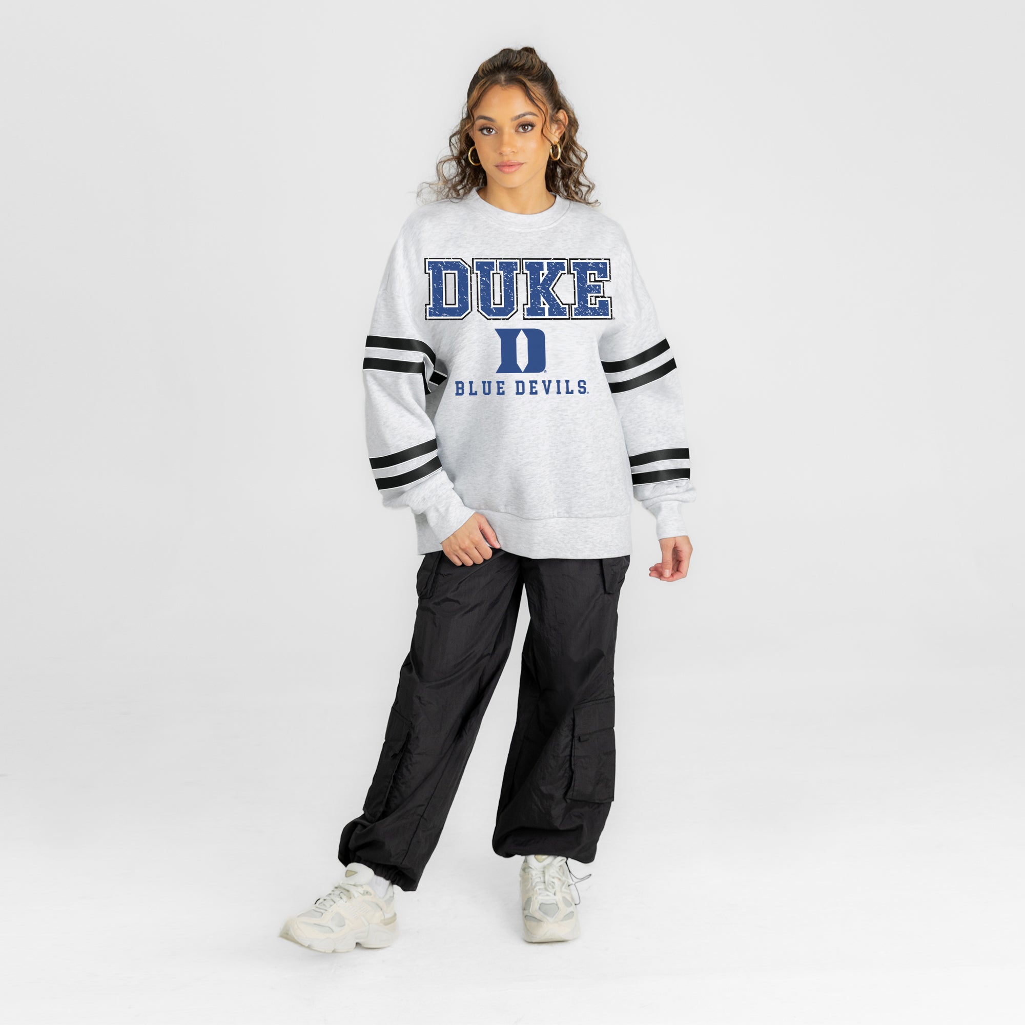 DUKE BLUE DEVILS STADIUM STRIPES STRIPE SLEEVE CREWNECK SWEATSHIRT