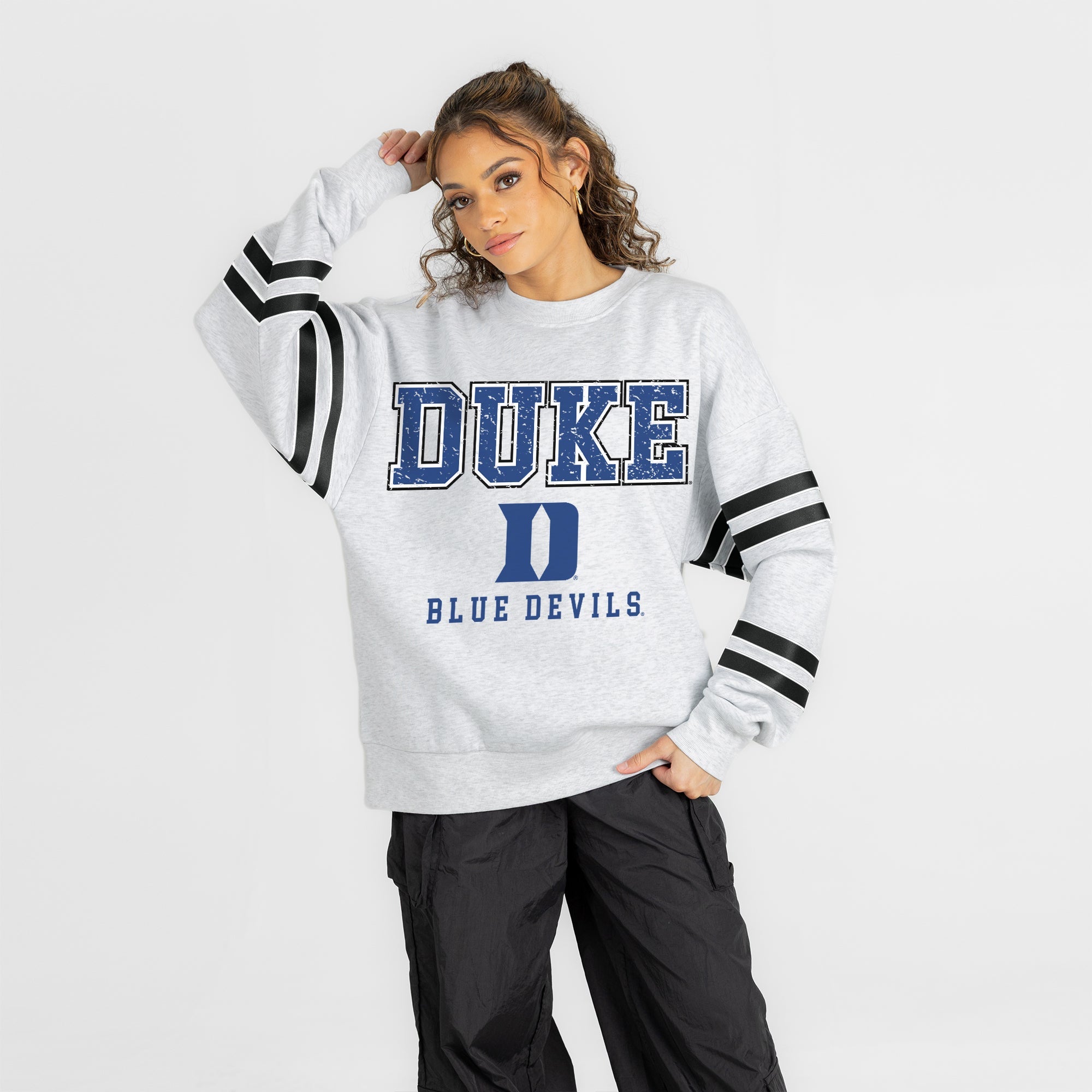 DUKE BLUE DEVILS STADIUM STRIPES STRIPE SLEEVE CREWNECK SWEATSHIRT