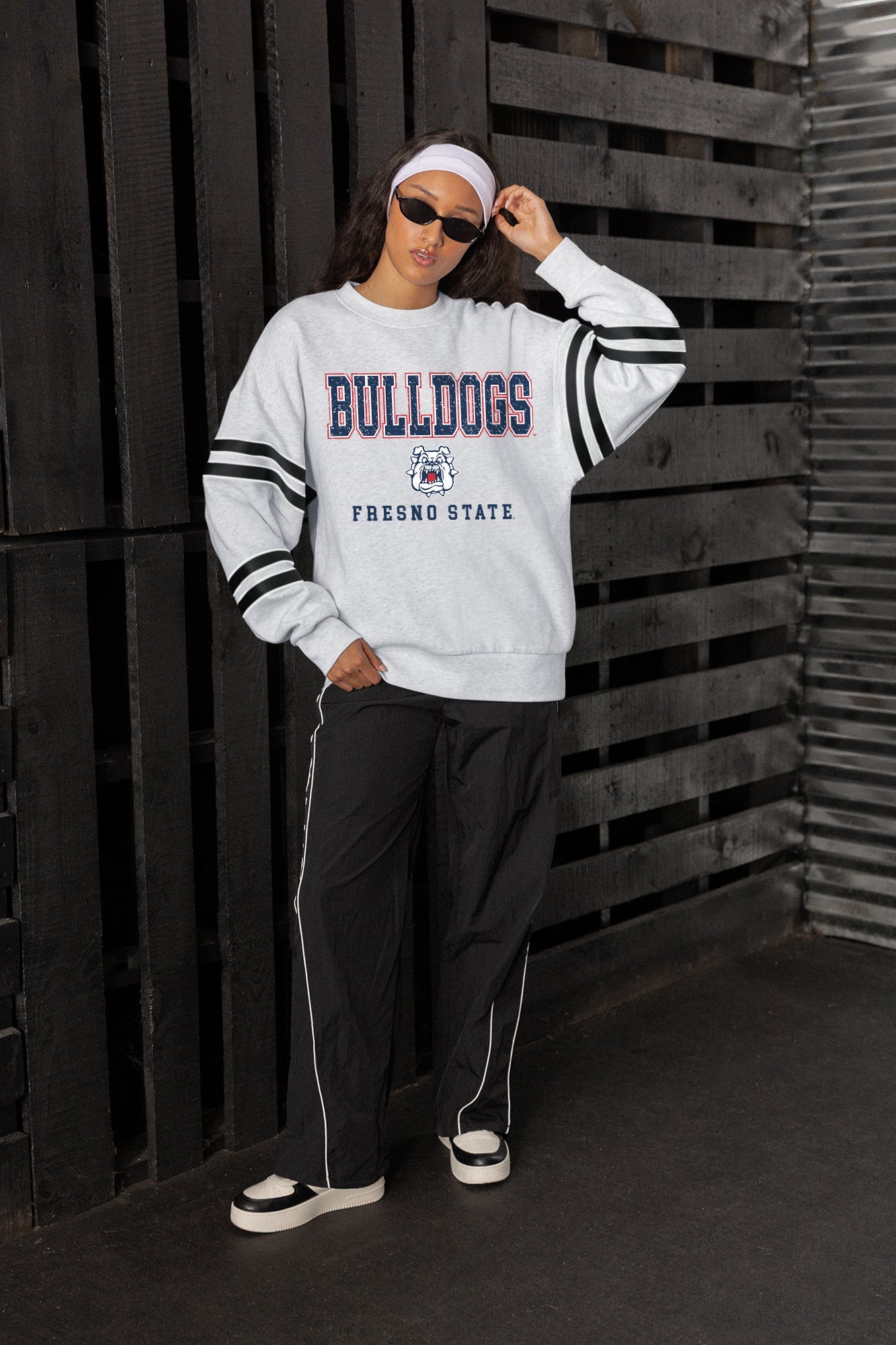 FRESNO STATE BULLDOGS STADIUM STRIPES STRIPE SLEEVE CREWNECK SWEATSHIRT