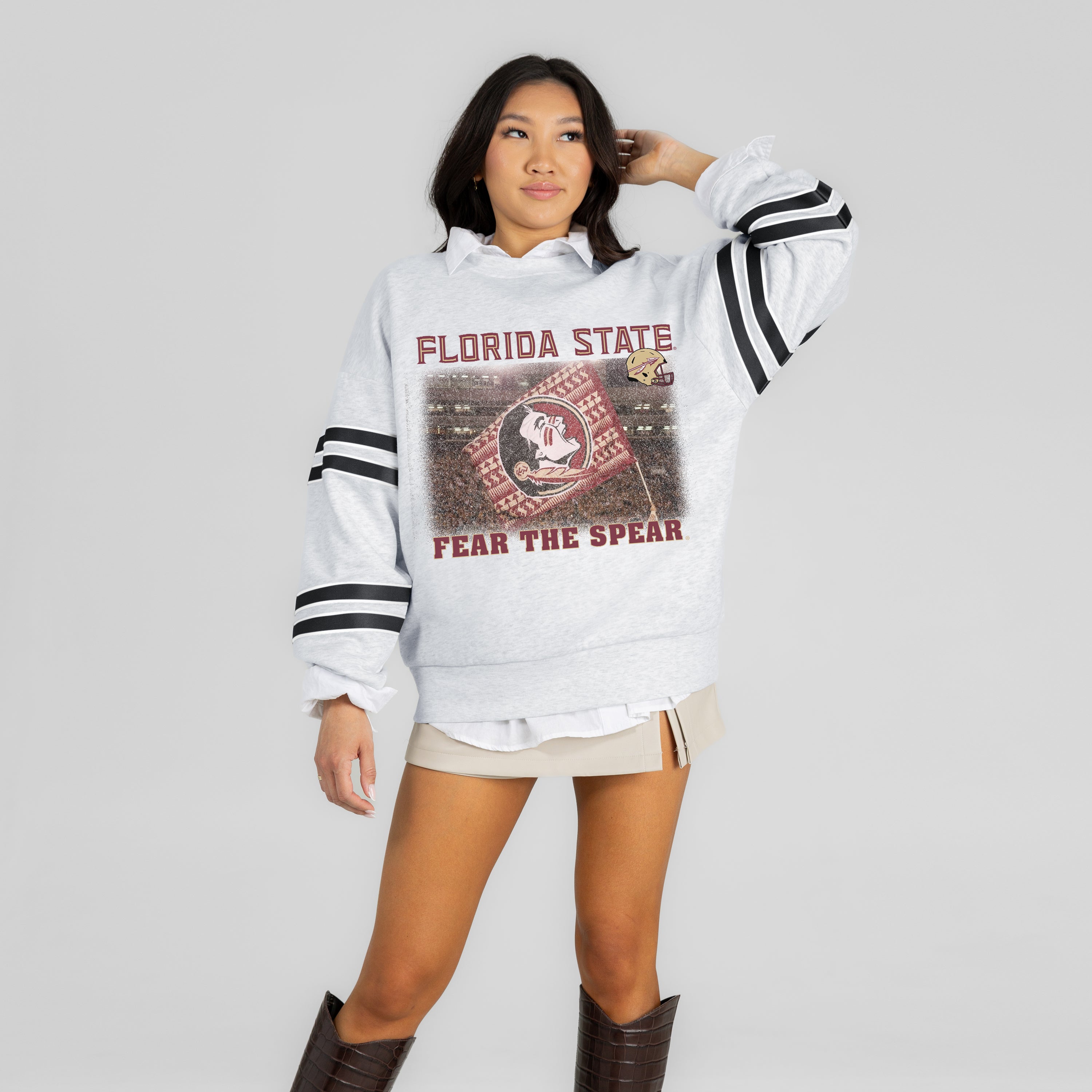 FLORIDA STATE SEMINOLES OFF THE GRID STRIPE SLEEVE CREWNECK SWEATSHIRT