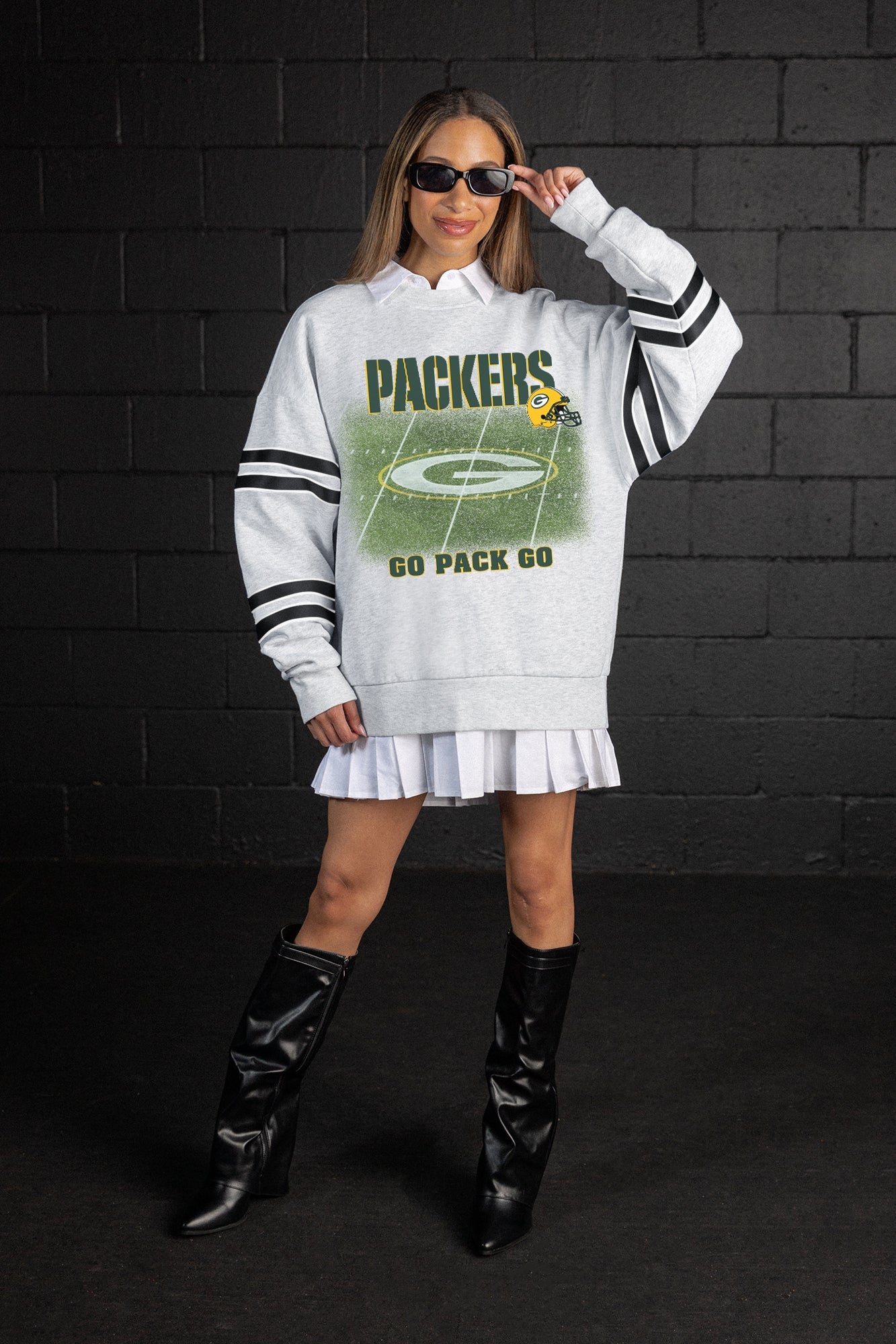 GREEN BAY PACKERS OFF THE GRID STRIPE SLEEVE CREWNECK SWEATSHIRT