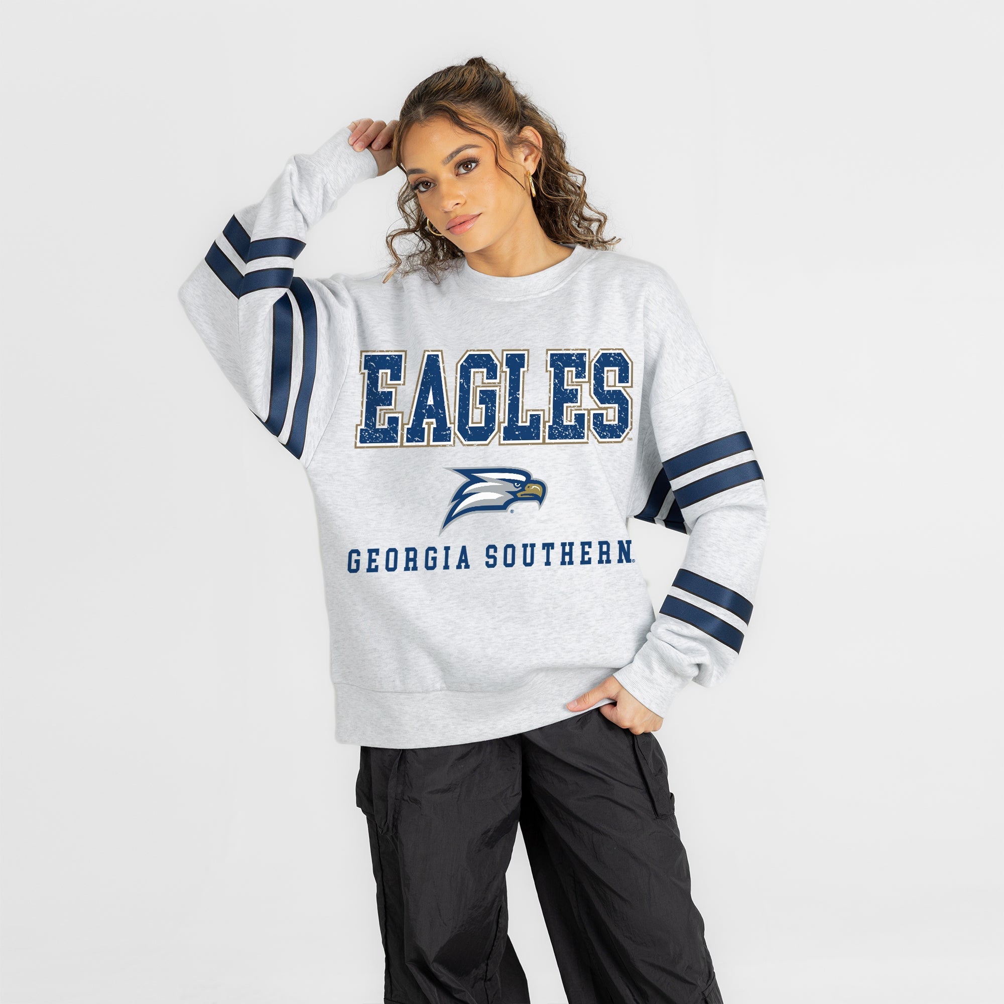 GEORGIA SOUTHERN EAGLES STADIUM STRIPES STRIPE SLEEVE CREWNECK SWEATSHIRT