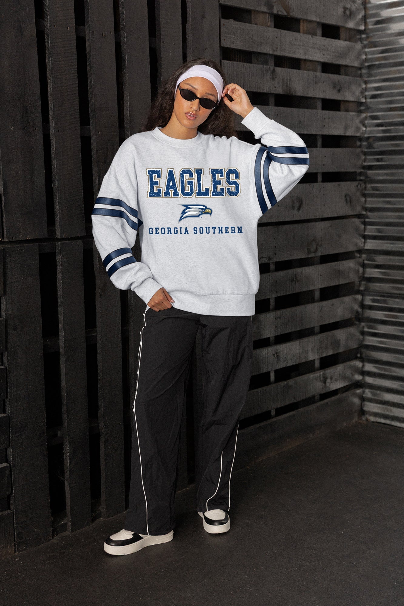 GEORGIA SOUTHERN EAGLES STADIUM STRIPES STRIPE SLEEVE CREWNECK SWEATSHIRT