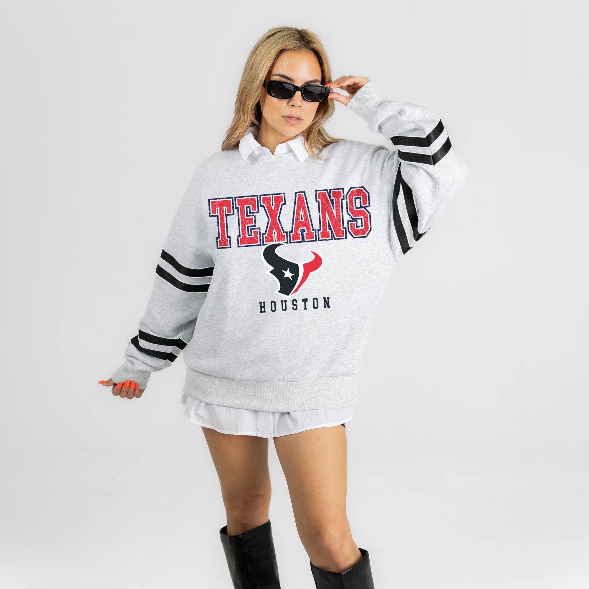 HOUSTON TEXANS STADIUM STRIPES STRIPE SLEEVE CREWNECK SWEATSHIRT