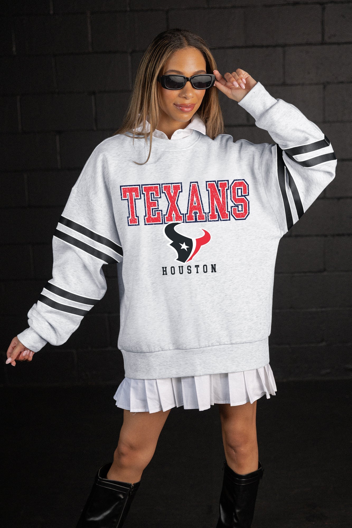 HOUSTON TEXANS STADIUM STRIPES STRIPE SLEEVE CREWNECK SWEATSHIRT