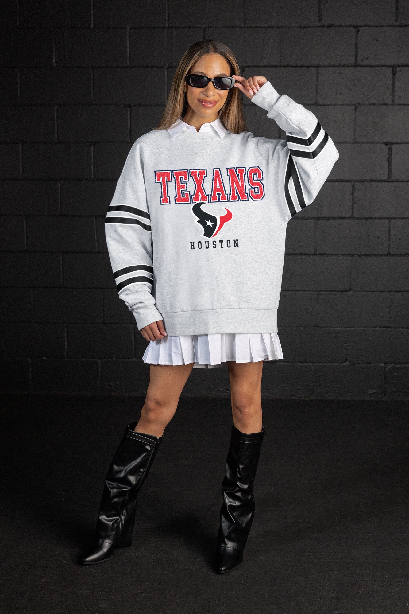 HOUSTON TEXANS STADIUM STRIPES STRIPE SLEEVE CREWNECK SWEATSHIRT