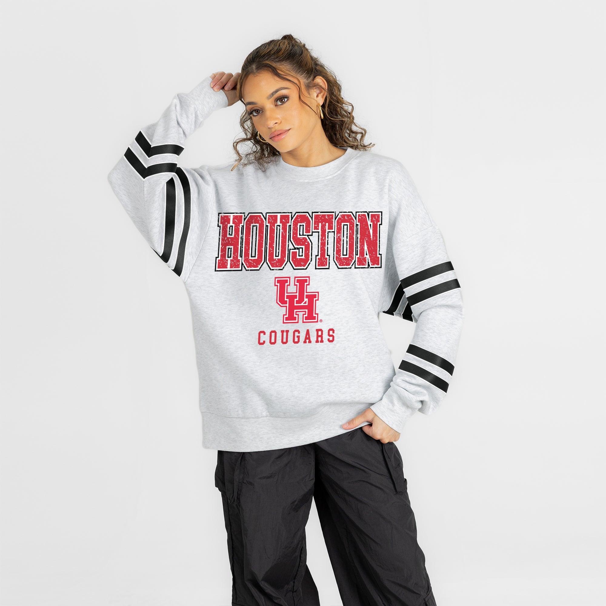 HOUSTON COUGARS STADIUM STRIPES STRIPE SLEEVE CREWNECK SWEATSHIRT