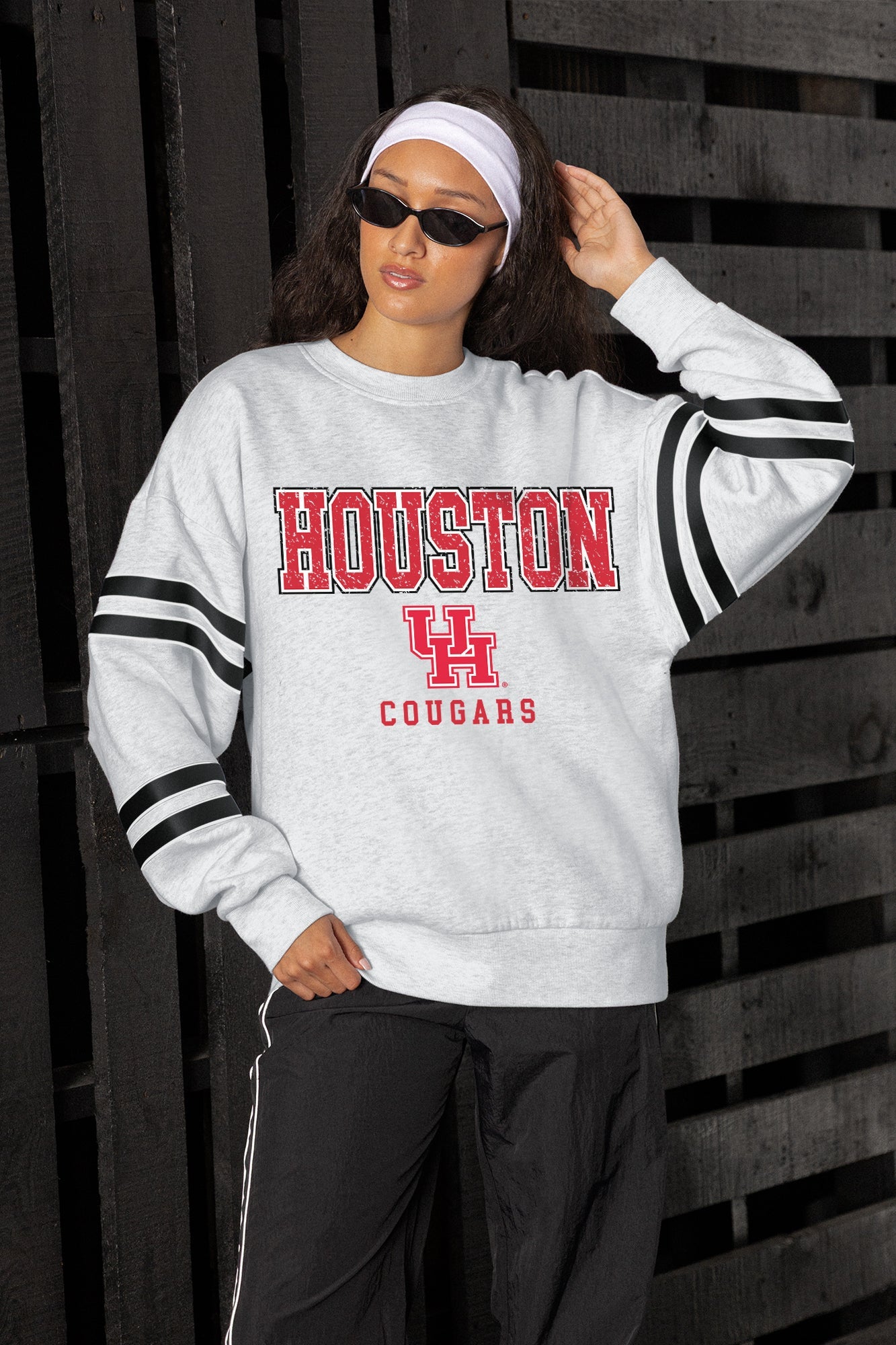 HOUSTON COUGARS STADIUM STRIPES STRIPE SLEEVE CREWNECK SWEATSHIRT