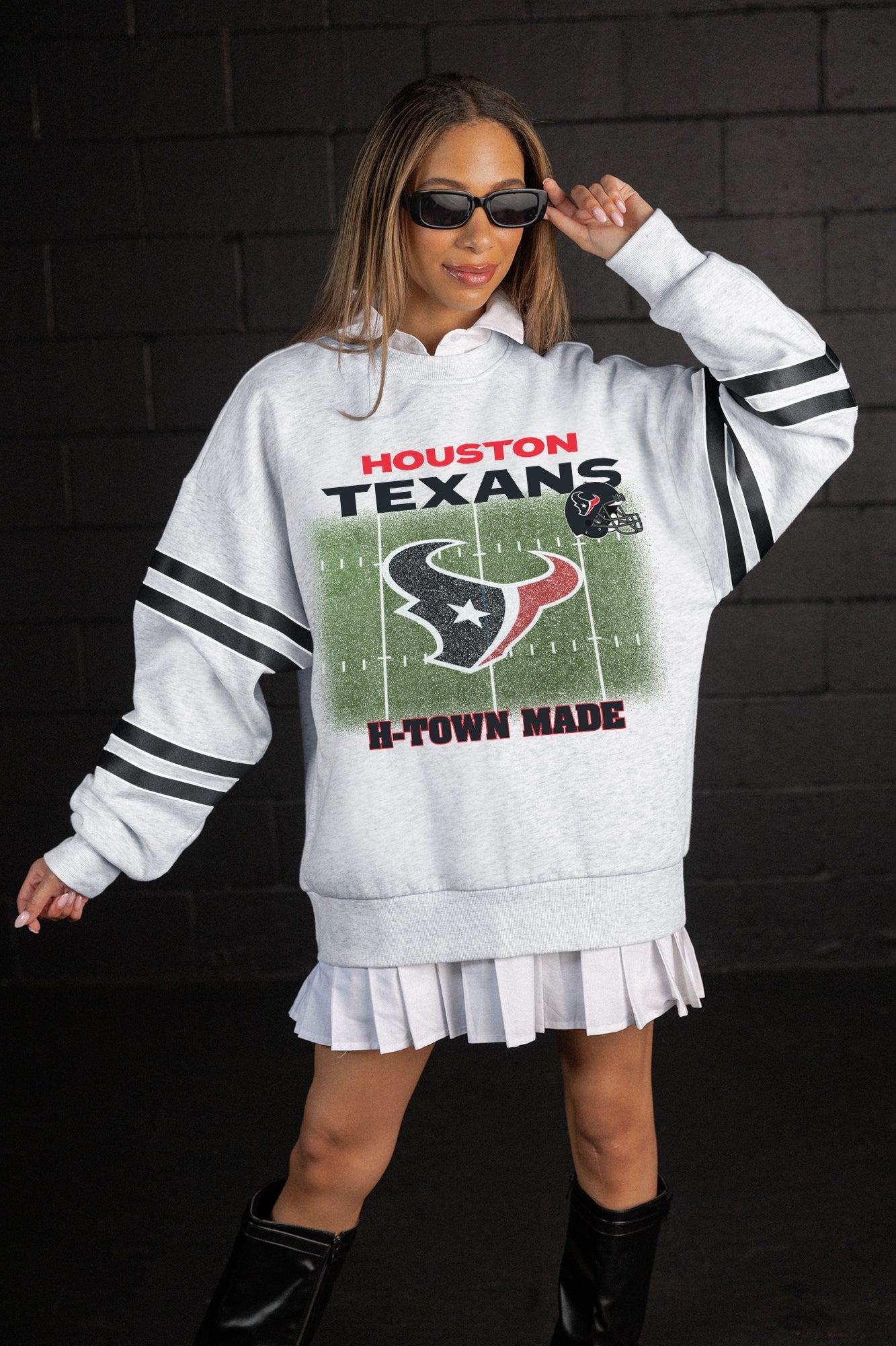 HOUSTON TEXANS OFF THE GRID STRIPE SLEEVE CREWNECK SWEATSHIRT