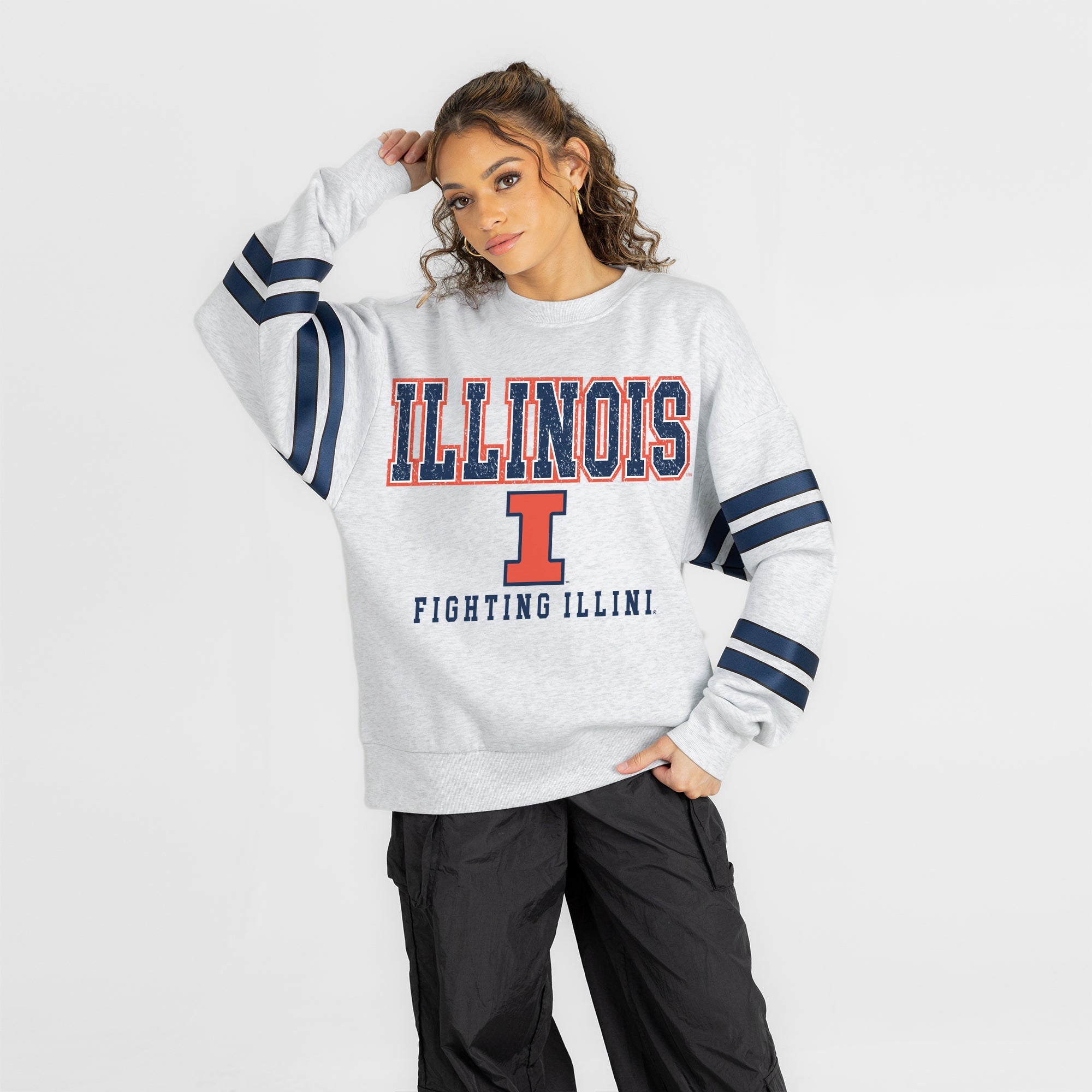 ILLINOIS FIGHTING ILLINI STADIUM STRIPES STRIPE SLEEVE CREWNECK SWEATSHIRT