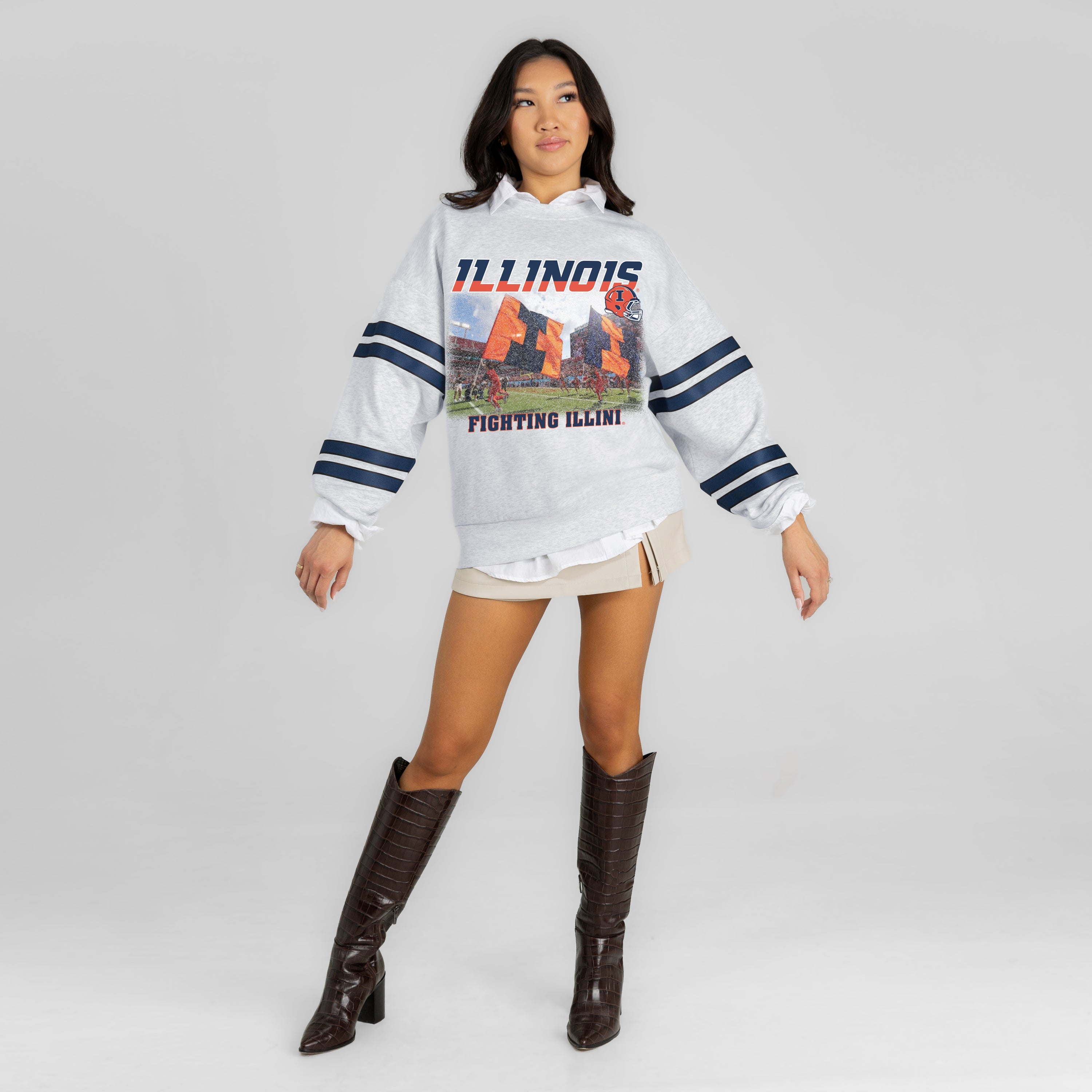 ILLINOIS FIGHTING ILLINI OFF THE GRID STRIPE SLEEVE CREWNECK SWEATSHIRT