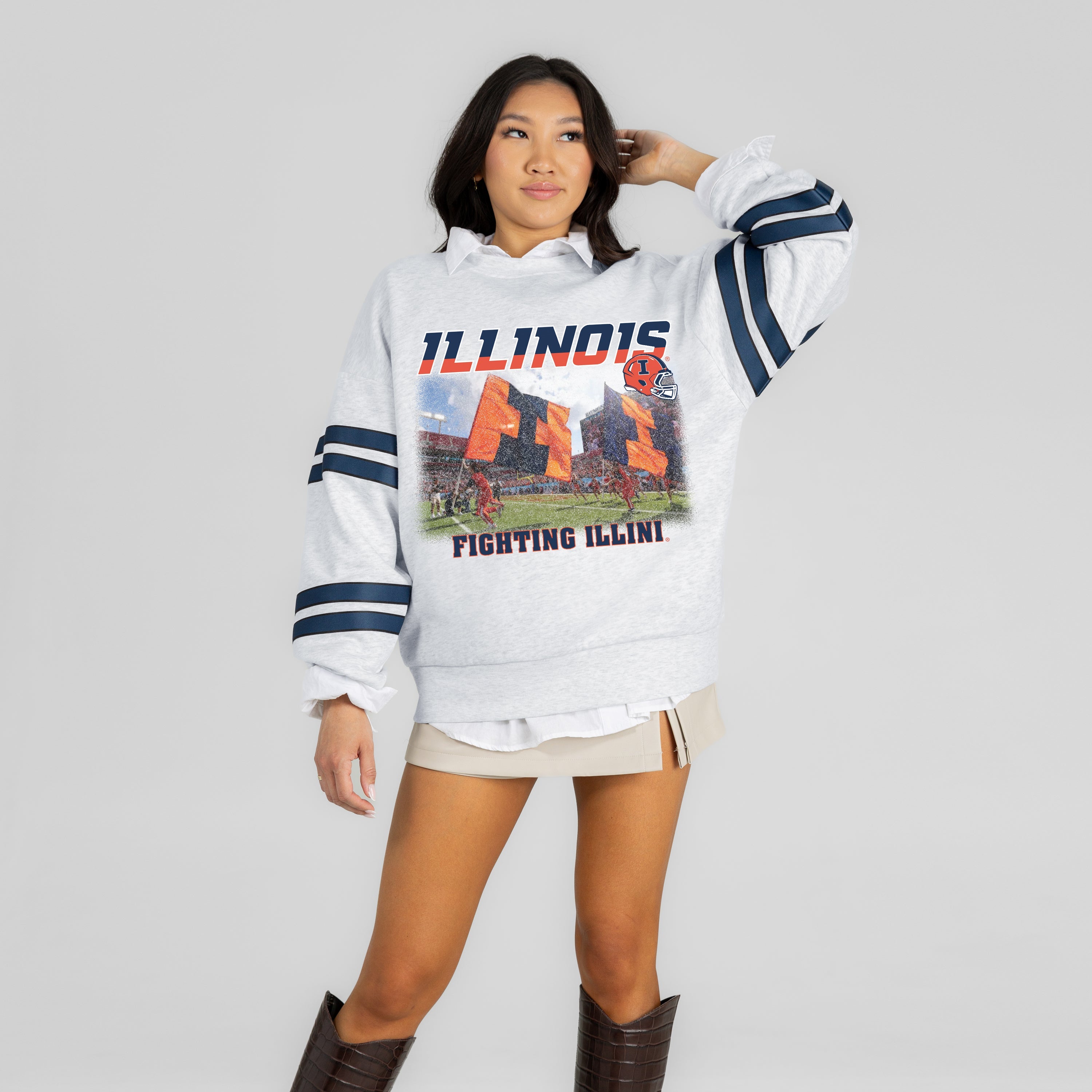 ILLINOIS FIGHTING ILLINI OFF THE GRID STRIPE SLEEVE CREWNECK SWEATSHIRT