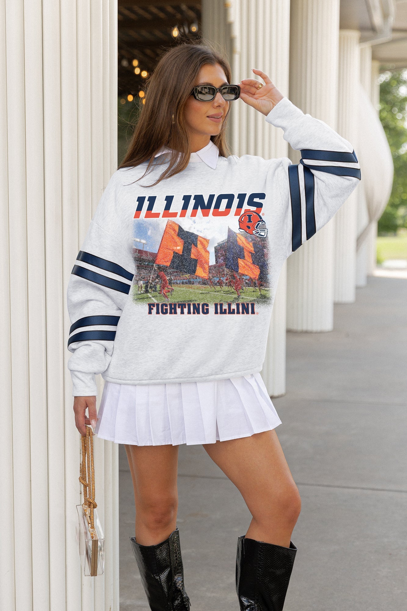 ILLINOIS FIGHTING ILLINI OFF THE GRID STRIPE SLEEVE CREWNECK SWEATSHIRT