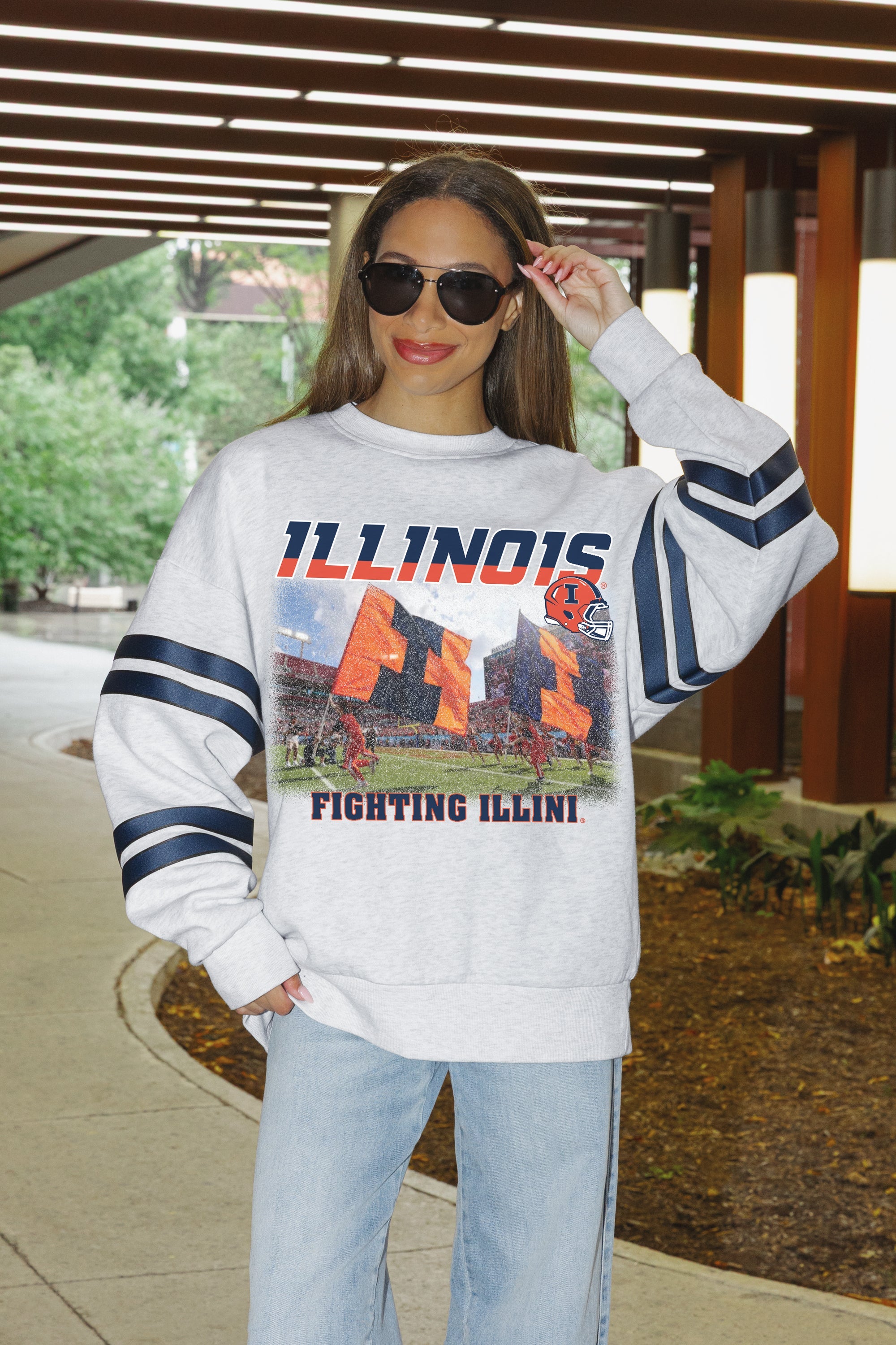 ILLINOIS FIGHTING ILLINI OFF THE GRID STRIPE SLEEVE CREWNECK SWEATSHIRT