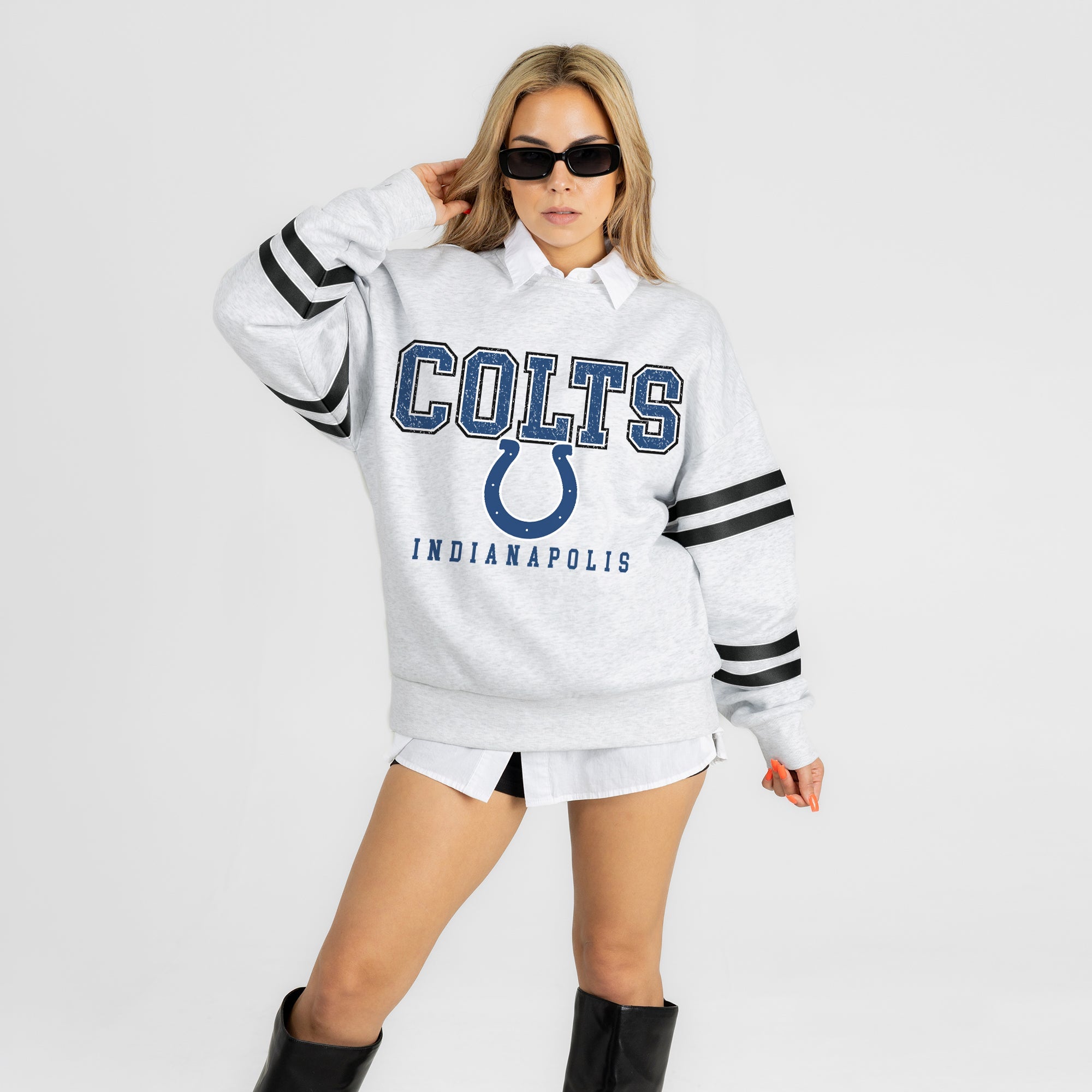INDIANAPOLIS COLTS STADIUM STRIPES STRIPE SLEEVE CREWNECK SWEATSHIRT