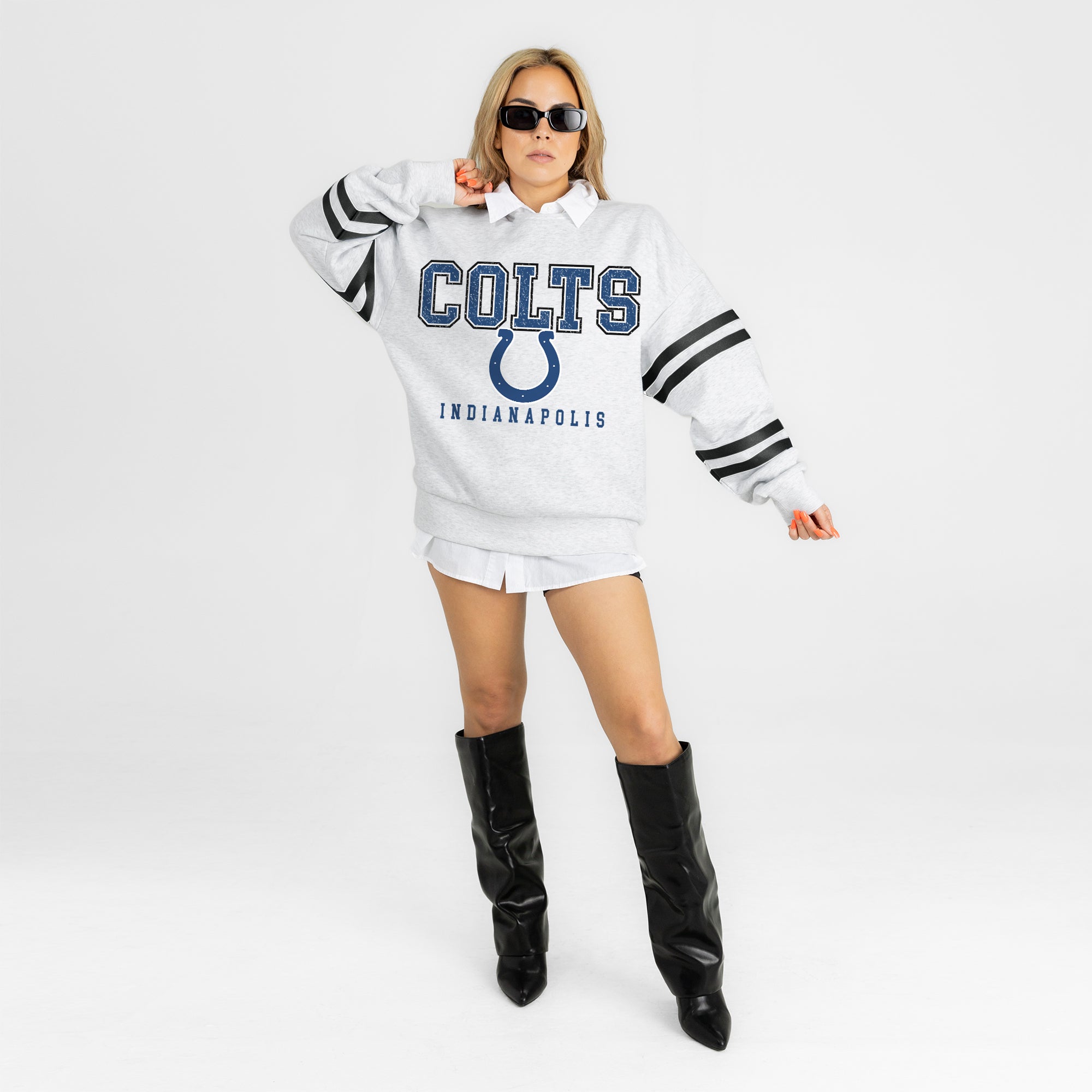 INDIANAPOLIS COLTS STADIUM STRIPES STRIPE SLEEVE CREWNECK SWEATSHIRT