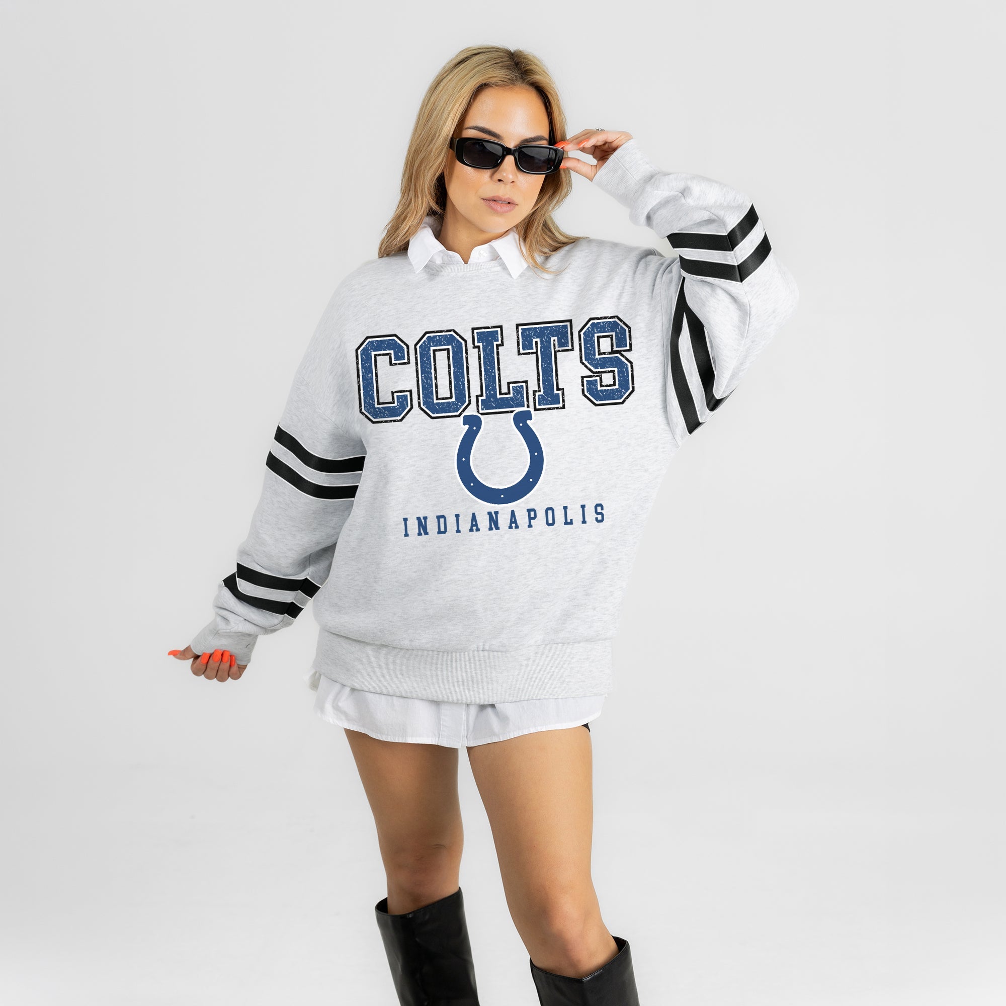 INDIANAPOLIS COLTS STADIUM STRIPES STRIPE SLEEVE CREWNECK SWEATSHIRT