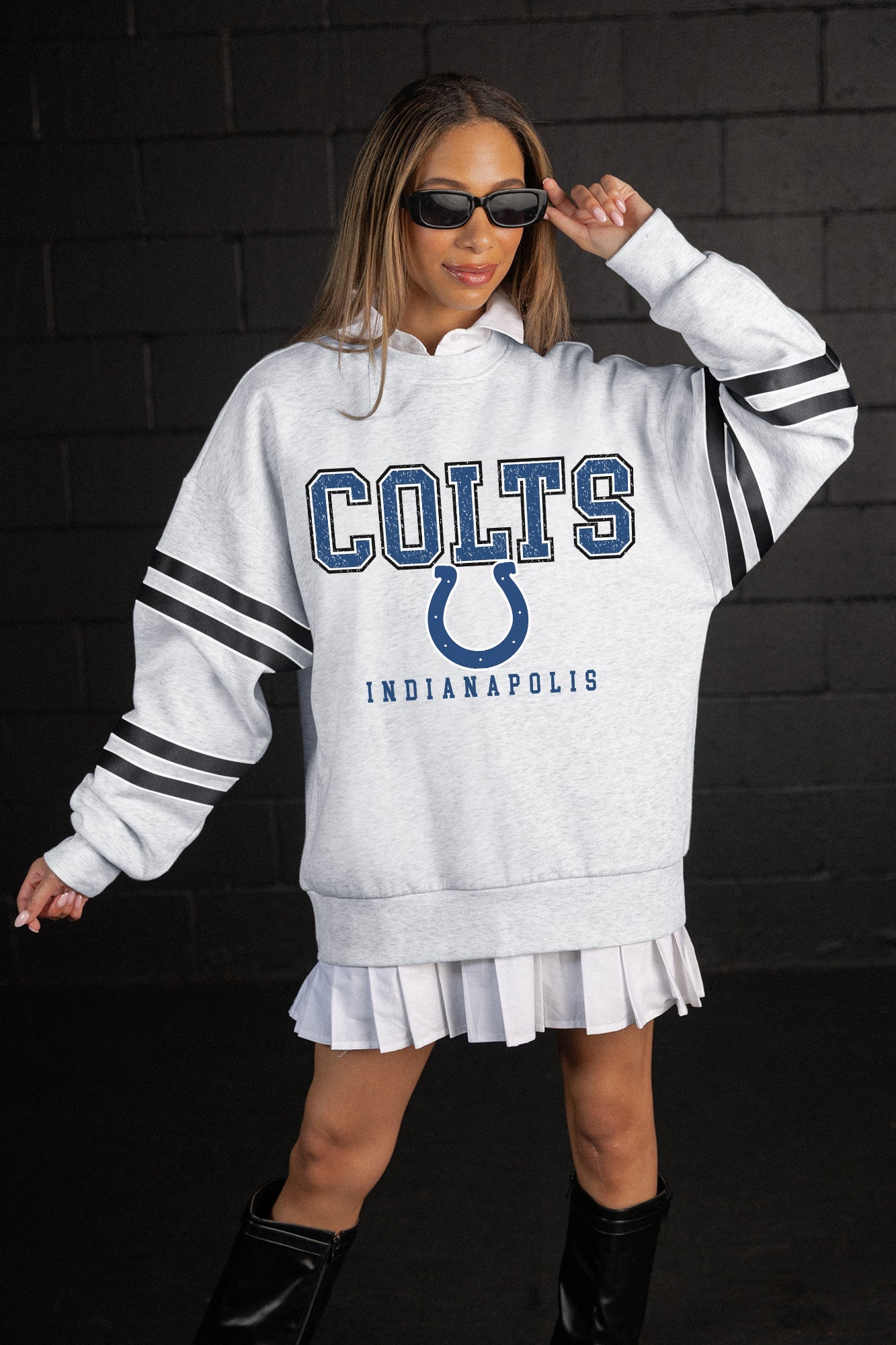 INDIANAPOLIS COLTS STADIUM STRIPES STRIPE SLEEVE CREWNECK SWEATSHIRT