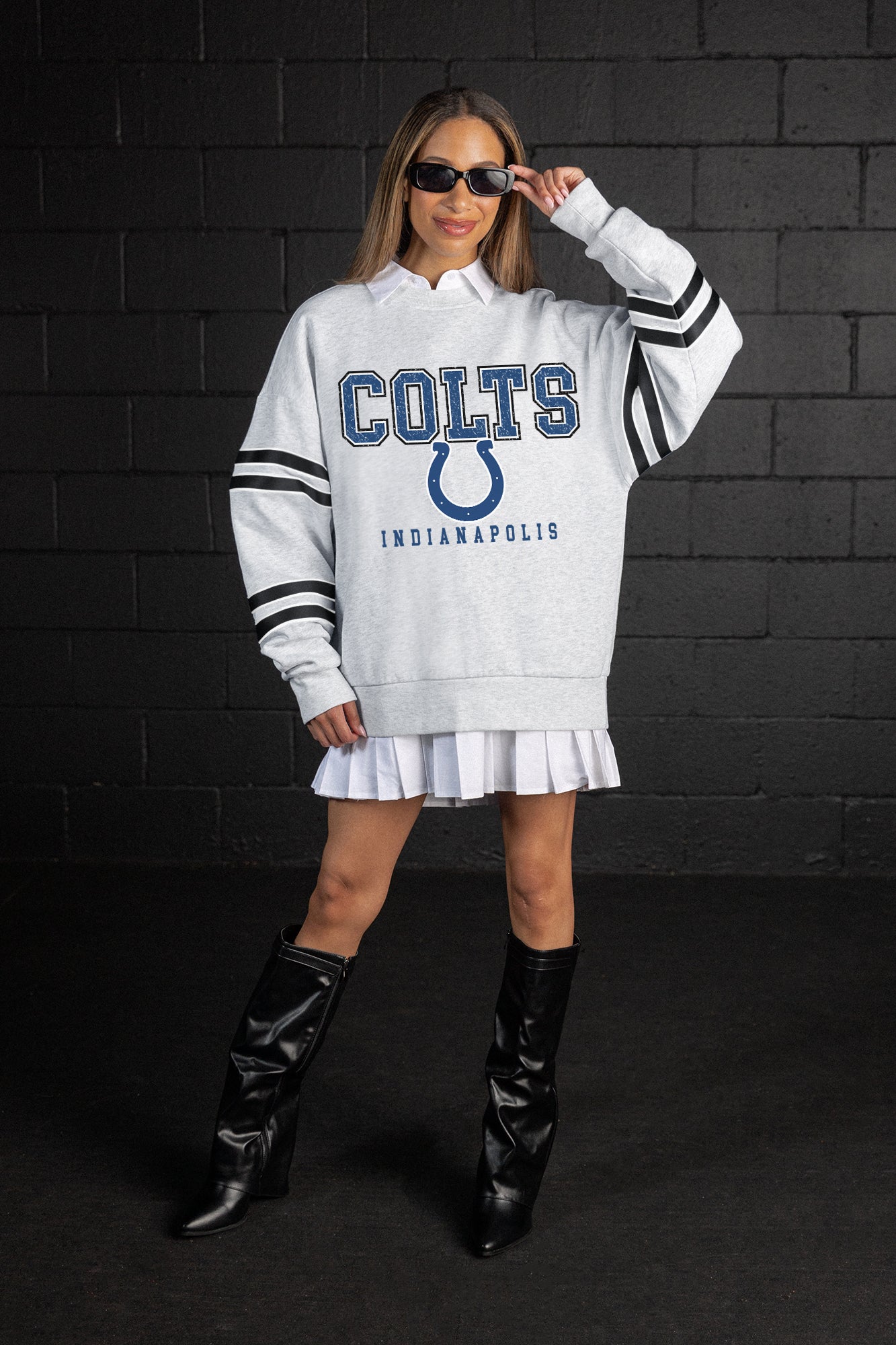 INDIANAPOLIS COLTS STADIUM STRIPES STRIPE SLEEVE CREWNECK SWEATSHIRT