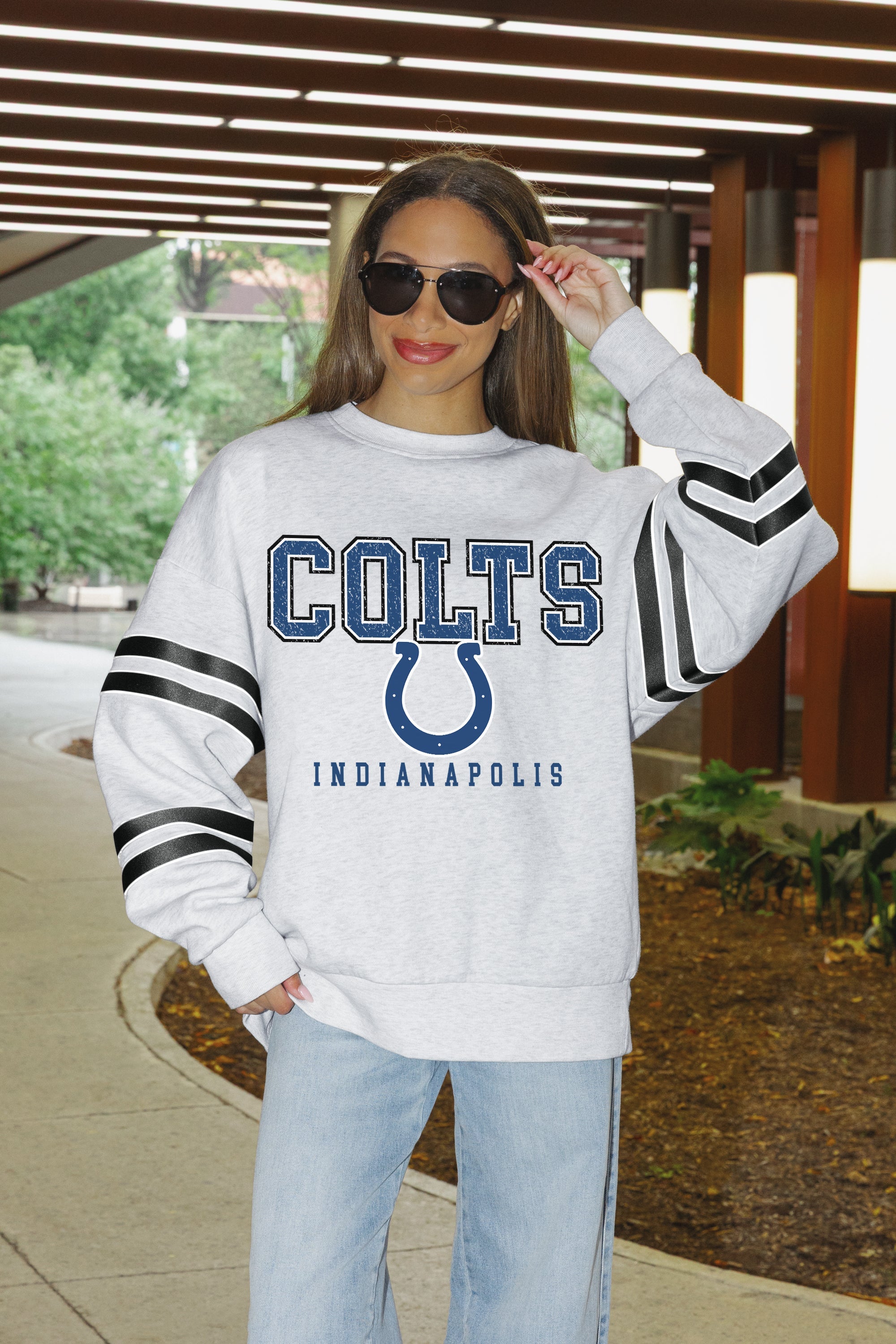 INDIANAPOLIS COLTS STADIUM STRIPES STRIPE SLEEVE CREWNECK SWEATSHIRT