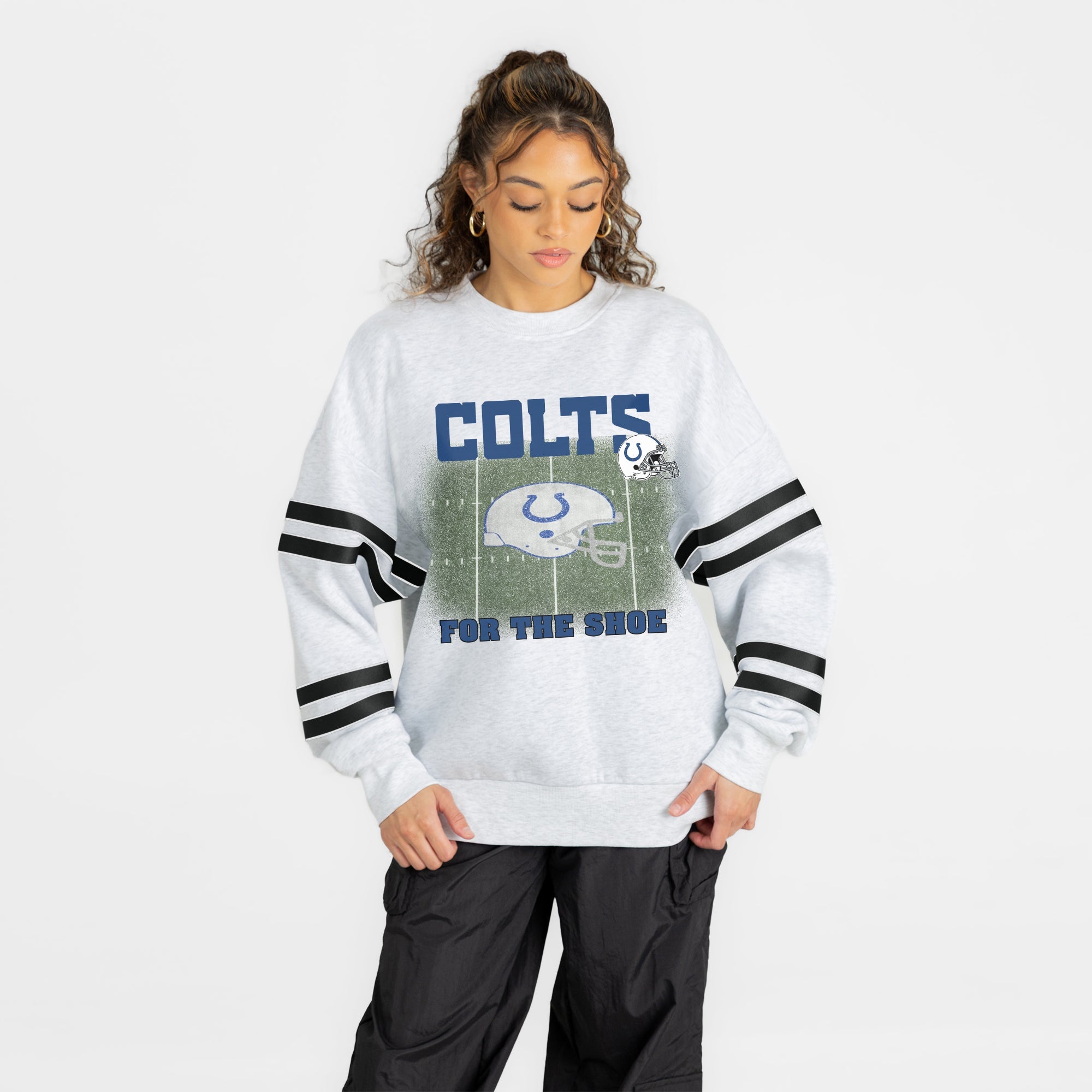INDIANAPOLIS COLTS OFF THE GRID STRIPE SLEEVE CREWNECK SWEATSHIRT