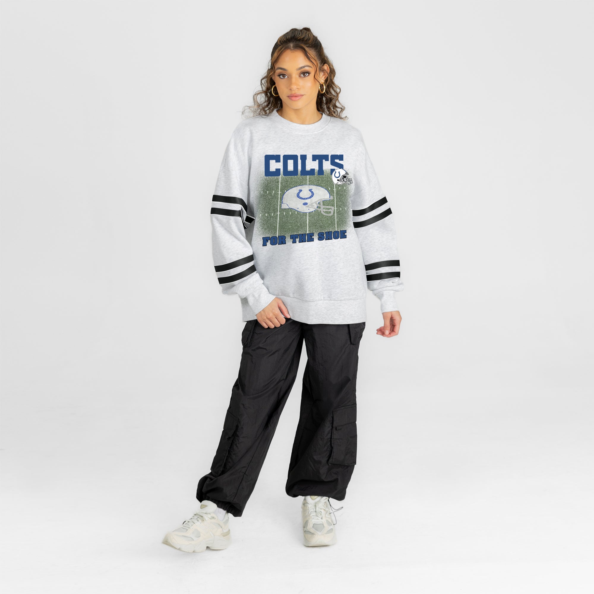 INDIANAPOLIS COLTS OFF THE GRID STRIPE SLEEVE CREWNECK SWEATSHIRT