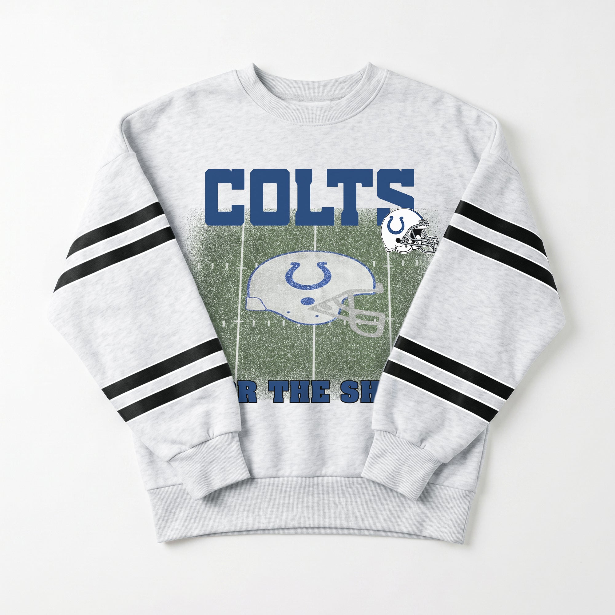 INDIANAPOLIS COLTS OFF THE GRID STRIPE SLEEVE CREWNECK SWEATSHIRT
