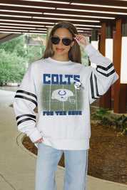 INDIANAPOLIS COLTS OFF THE GRID STRIPE SLEEVE CREWNECK SWEATSHIRT