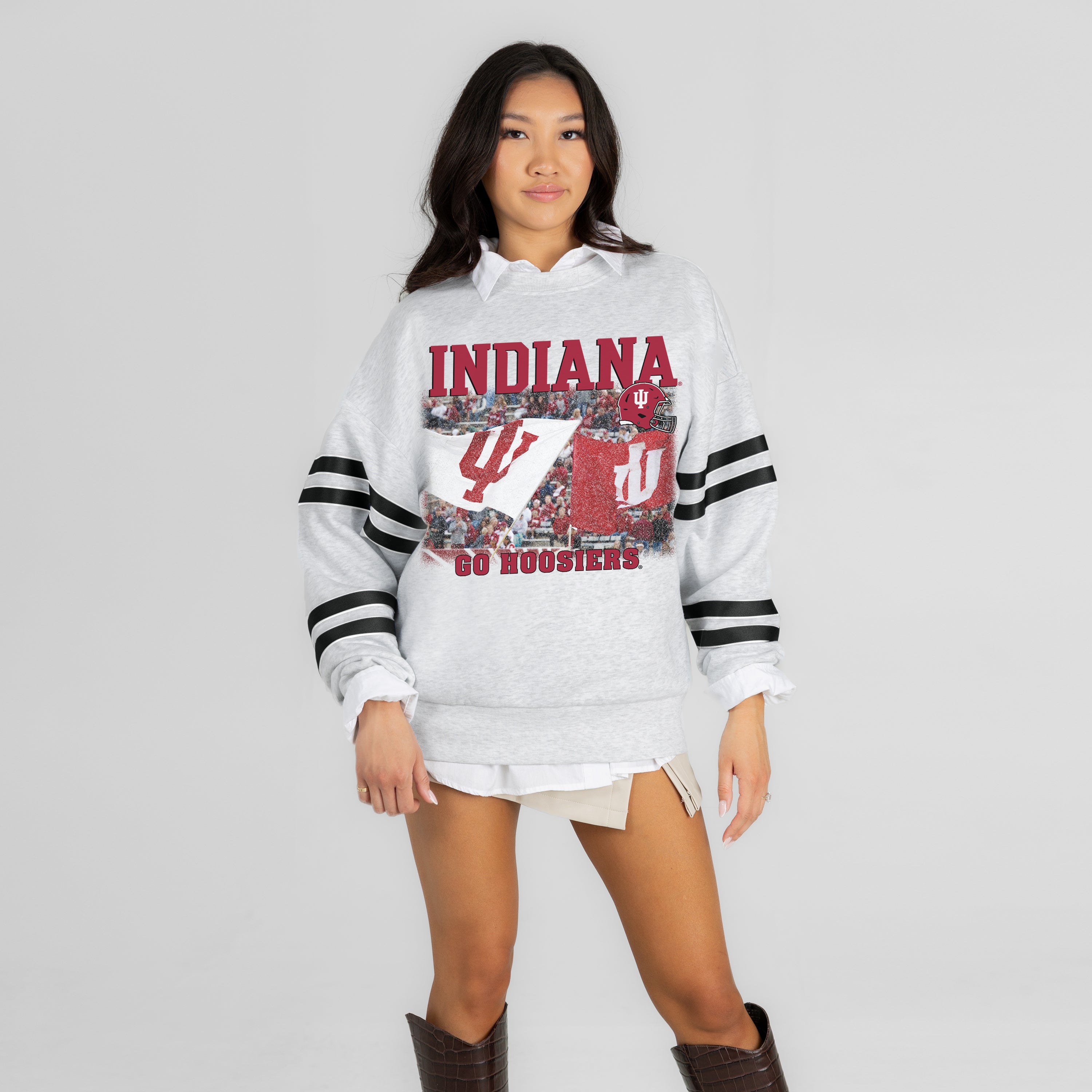 INDIANA HOOSIERS OFF THE GRID STRIPE SLEEVE CREWNECK SWEATSHIRT