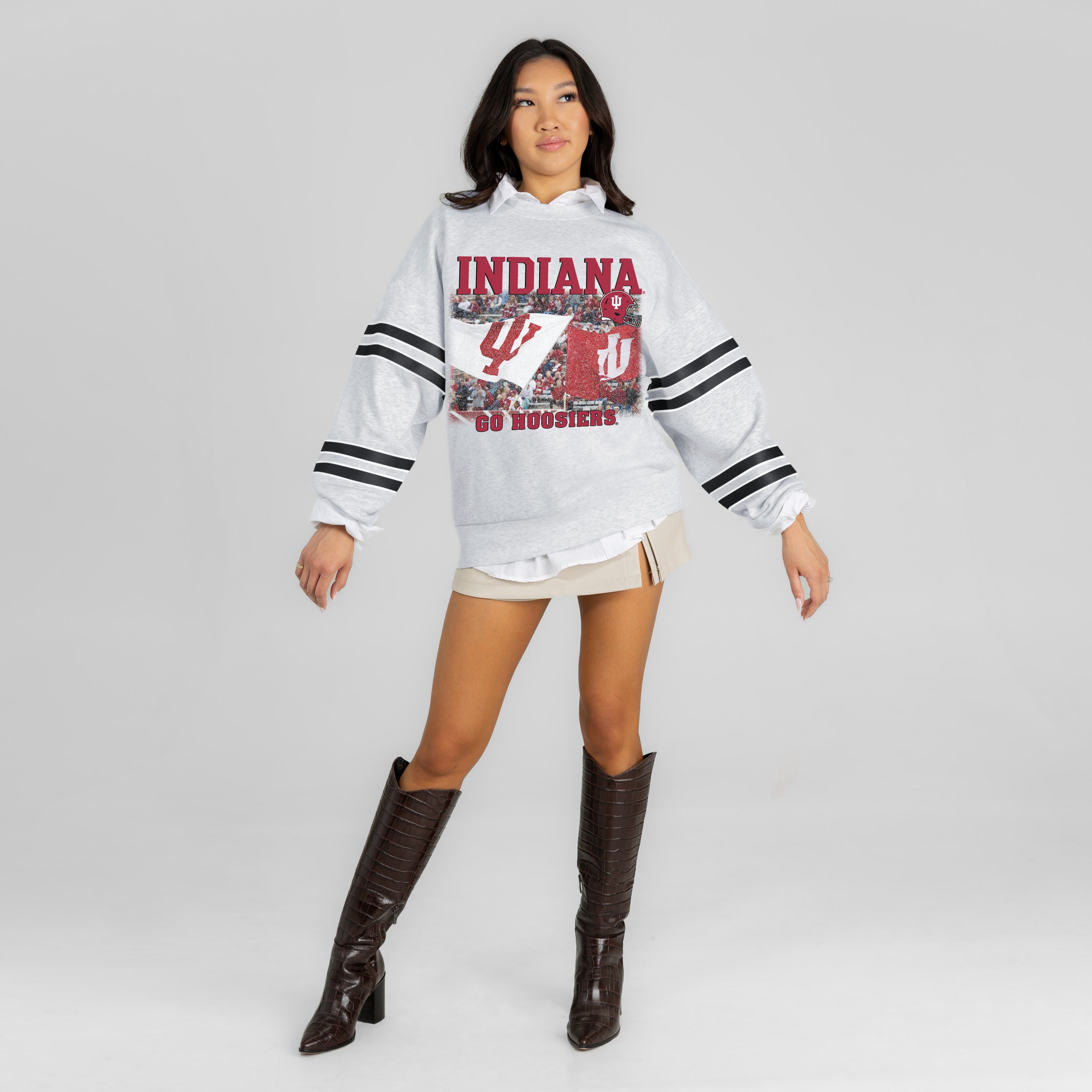 INDIANA HOOSIERS OFF THE GRID STRIPE SLEEVE CREWNECK SWEATSHIRT
