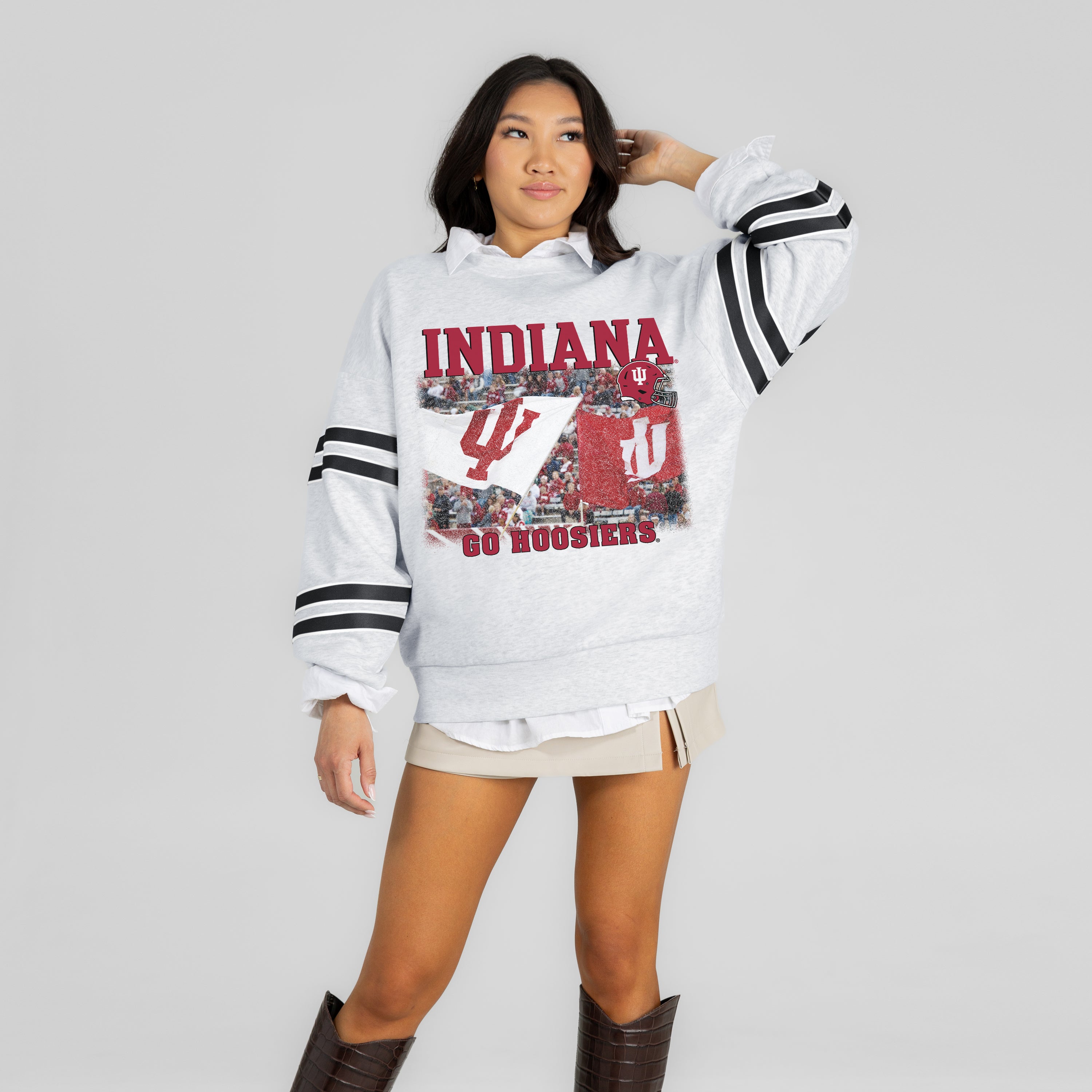 INDIANA HOOSIERS OFF THE GRID STRIPE SLEEVE CREWNECK SWEATSHIRT