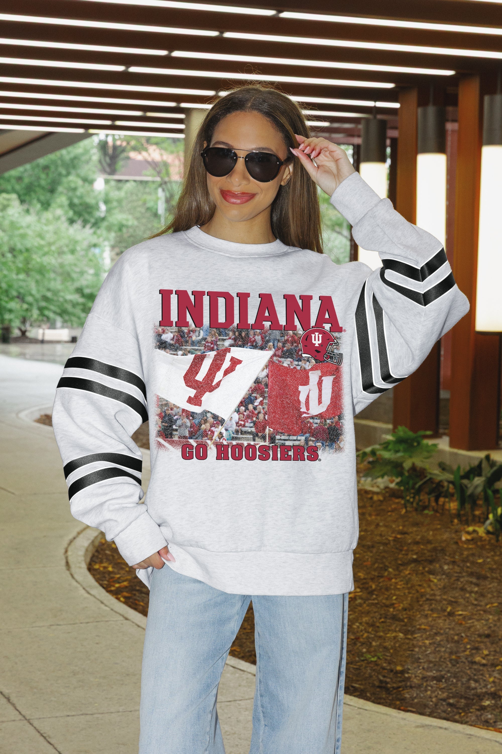 INDIANA HOOSIERS OFF THE GRID STRIPE SLEEVE CREWNECK SWEATSHIRT