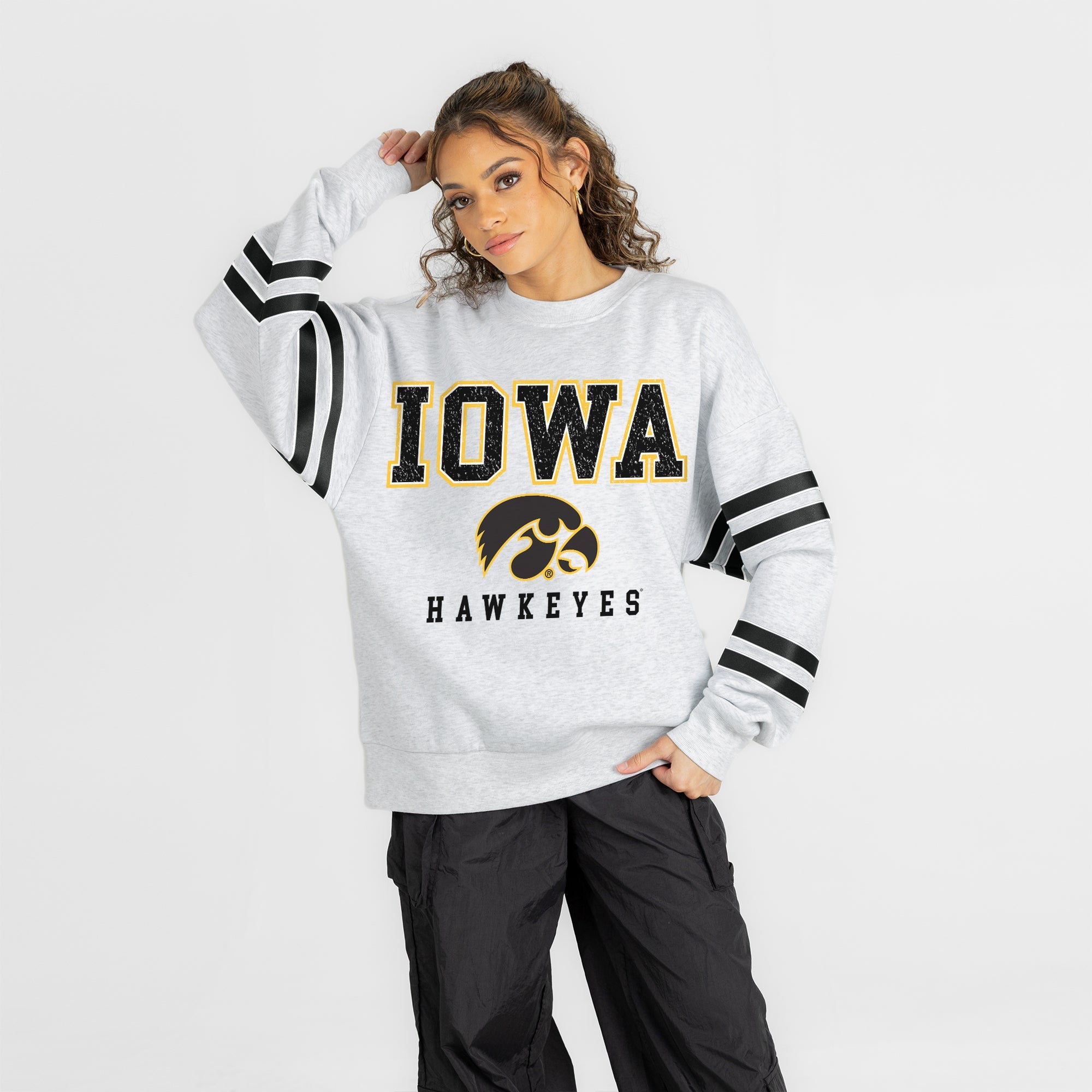 IOWA HAWKEYES STADIUM STRIPES STRIPE SLEEVE CREWNECK SWEATSHIRT