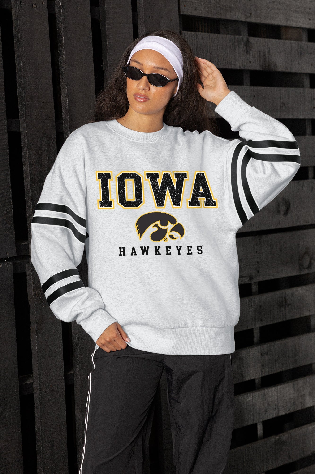 IOWA HAWKEYES STADIUM STRIPES STRIPE SLEEVE CREWNECK SWEATSHIRT