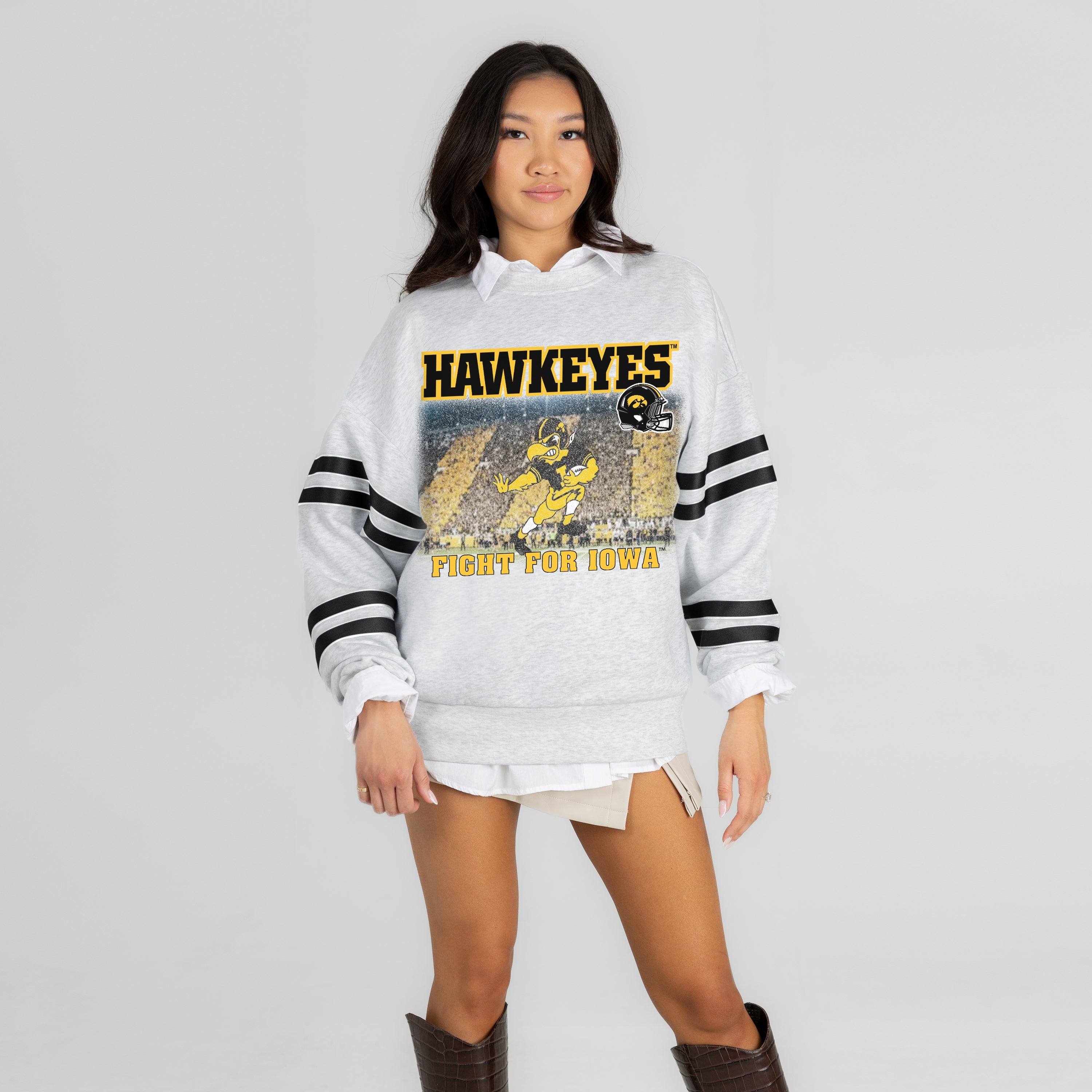 IOWA HAWKEYES OFF THE GRID STRIPE SLEEVE CREWNECK SWEATSHIRT