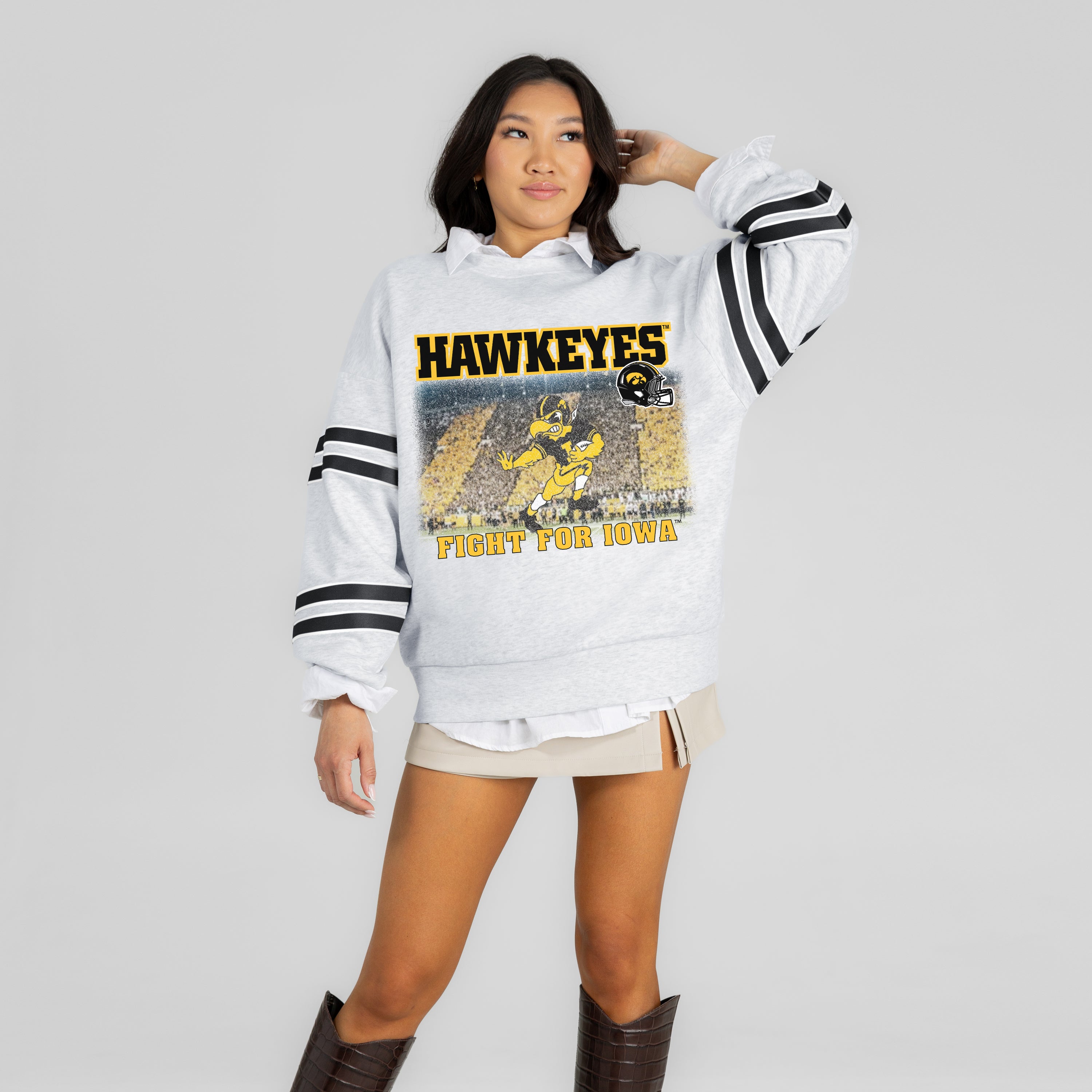 IOWA HAWKEYES OFF THE GRID STRIPE SLEEVE CREWNECK SWEATSHIRT