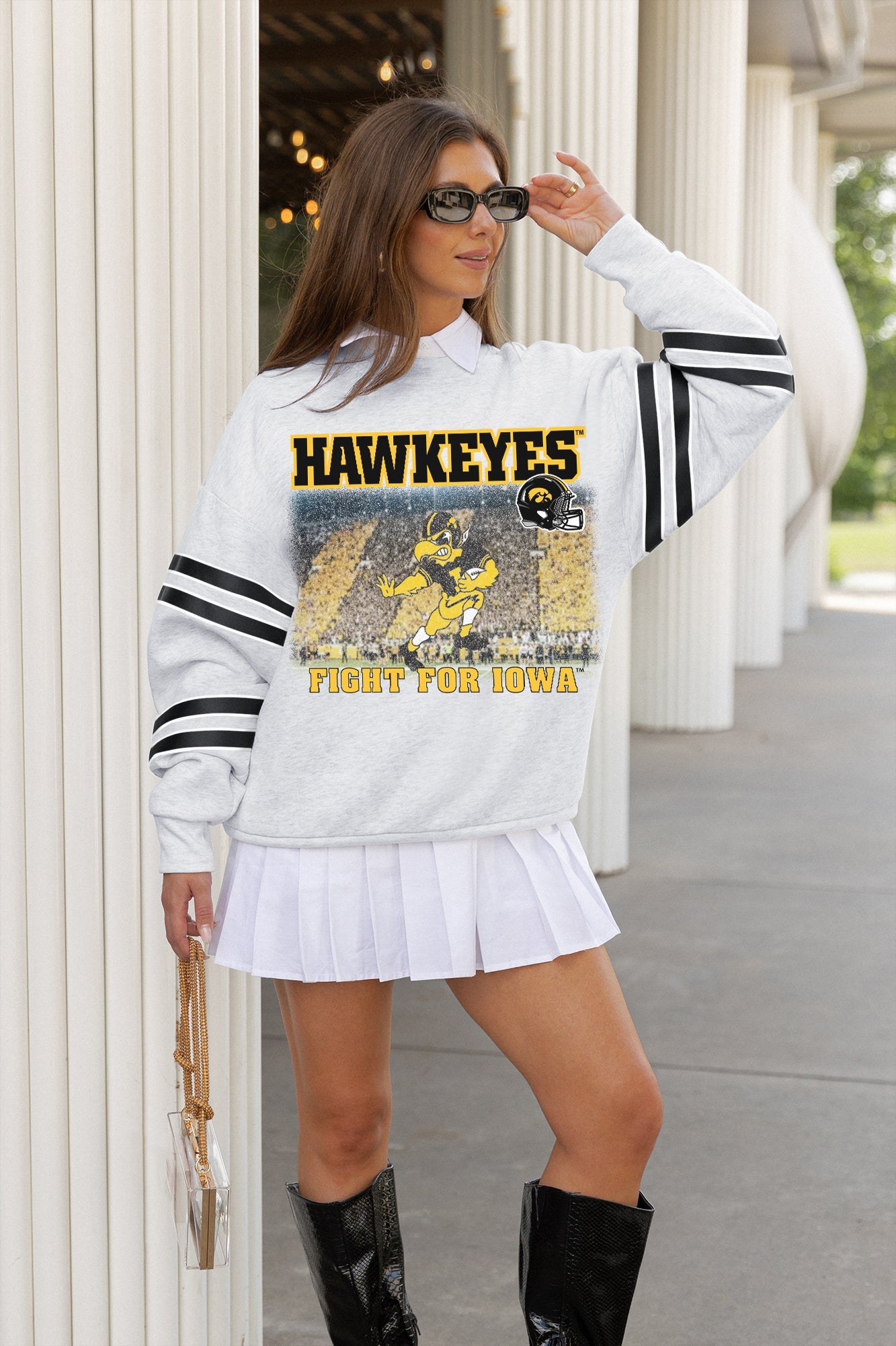 IOWA HAWKEYES OFF THE GRID STRIPE SLEEVE CREWNECK SWEATSHIRT
