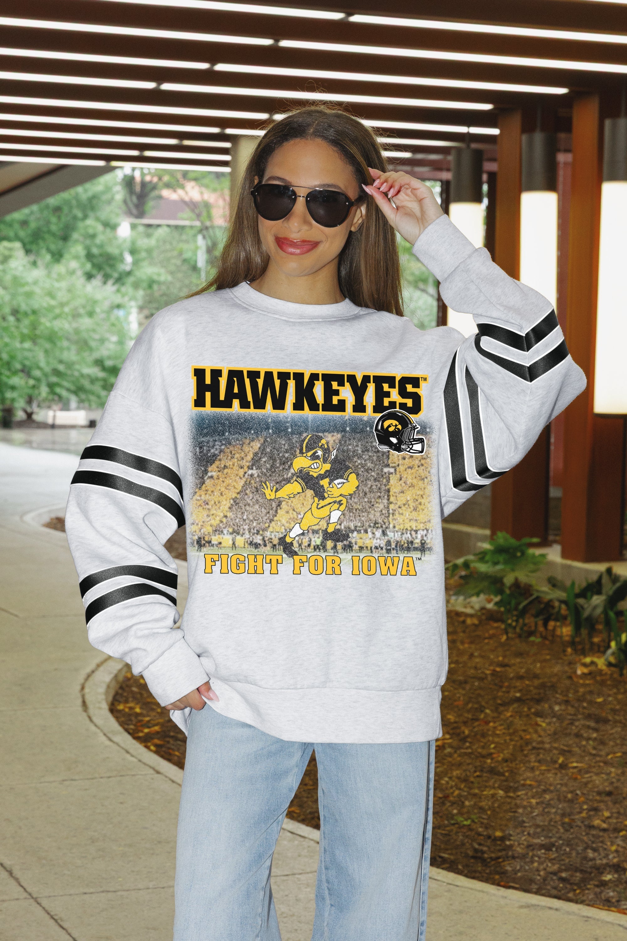 IOWA HAWKEYES OFF THE GRID STRIPE SLEEVE CREWNECK SWEATSHIRT