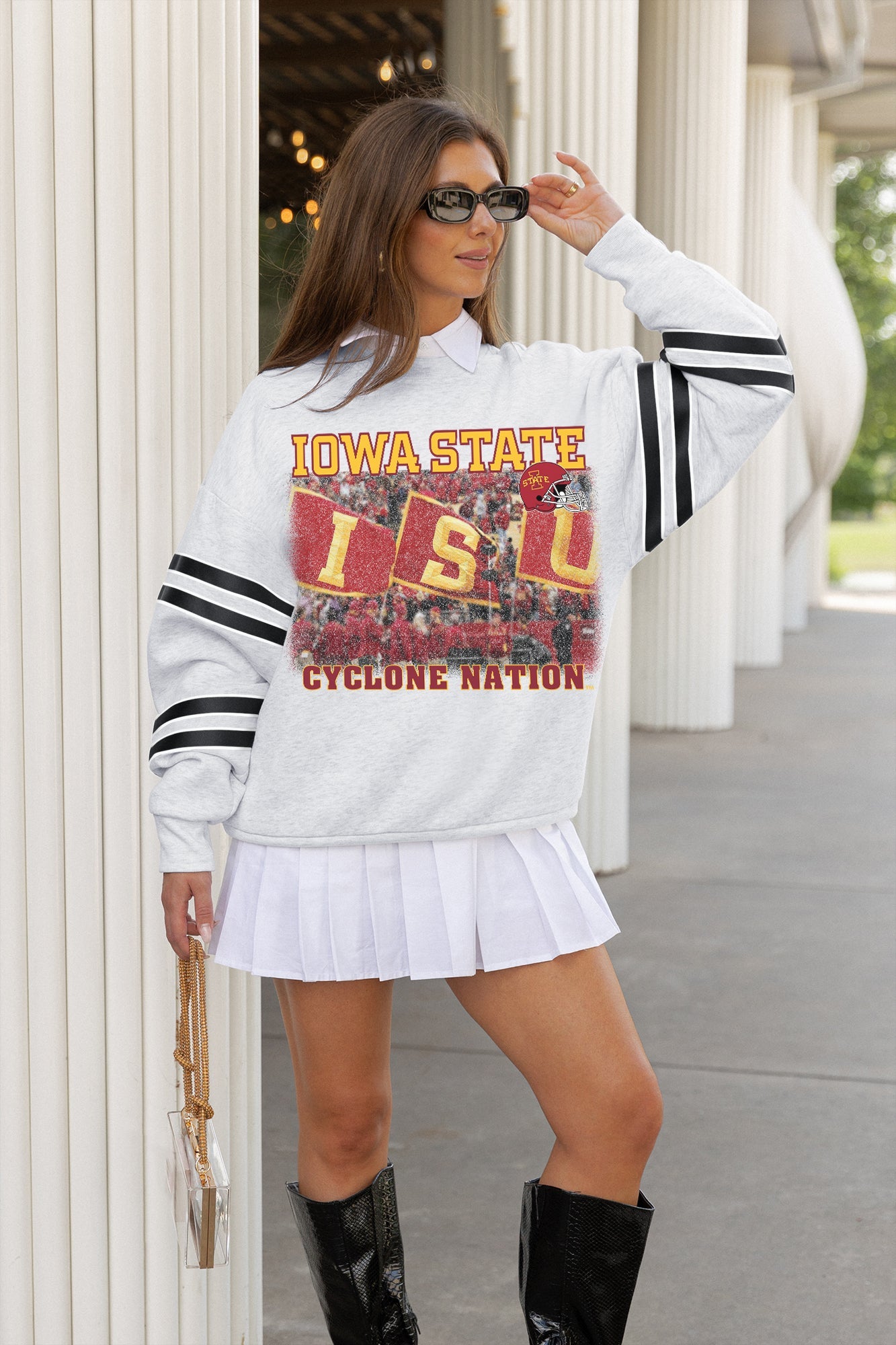 IOWA STATE CYCLONES OFF THE GRID STRIPE SLEEVE CREWNECK SWEATSHIRT